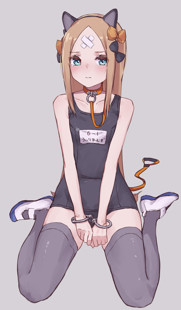 1girl abigail_williams_(fate/grand_order) animal_ears bandaid bandaid_on_forehead bangs black_bow black_swimsuit blonde_hair blue_eyes blush bow breasts cat_ears collar collarbone crossed_bandaids cuffs fake_animal_ears fate/grand_order fate_(series) forehead grey_legwear hair_bow handcuffs kopaka_(karda_nui) leash long_hair looking_at_viewer multiple_bows name_tag one-piece_swimsuit orange_bow parted_bangs school_swimsuit sidelocks sitting small_breasts swimsuit thighhighs wariza