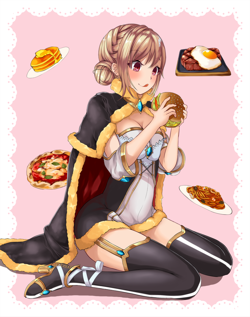 1girl bangs black_cape black_dress black_legwear blonde_hair blush border breasts butter cape cleavage commentary_request double_bun dress food fried_egg full_body fur-trimmed_cape fur-trimmed_dress fur_trim garter_straps hamburger holding holding_food katheryne_keyron licking_lips meatball official_alternate_costume pancake pasta pink_background pizza ragnarok_online red_eyes sail_(sail-away) short_dress short_hair sitting solo spaghetti spaghetti_and_meatballs steak thighhighs tongue tongue_out two-sided_cape two-sided_fabric two-tone_dress wariza warlock_(ragnarok_online) white_border white_dress