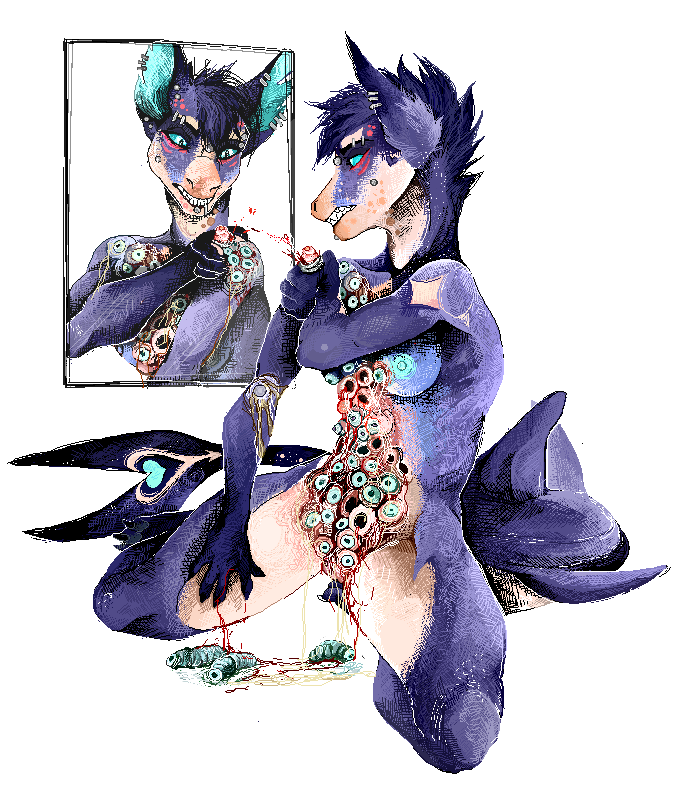 angry anthro barely_visible_genitalia barely_visible_pussy black_body black_skin blood blood_splatter blue_body blue_eyes blue_hair blue_nipples blue_skin bodily_fluids breasts cetacean delphinoid detailed digital_drawing_(artwork) digital_media_(artwork) fangs female fin genitals gore hair hand_on_hip hybrid infestation inner_ear_fluff jeffusherb kneeling long_tail mammal marine markings monotone_hair multicolored_body multicolored_skin nipples nude pixel_(artwork) pussy simple_background small_breasts solo squeezing tan_body tan_skin teeth toothed_whale trypophobia tuft white_background worm
