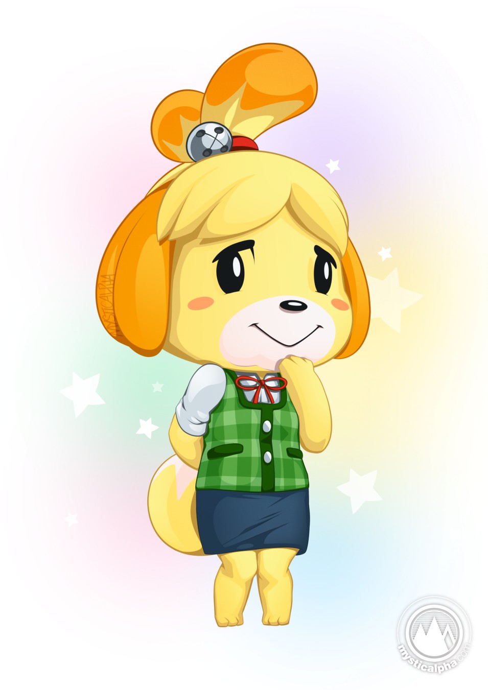 2019 accessory animal_crossing anthro blush canid canine canis clothing domestic_dog female floppy_ears hair_accessory hi_res isabelle_(animal_crossing) mammal mysticalpha nintendo shih_tzu signature smile solo text toy_dog url video_games