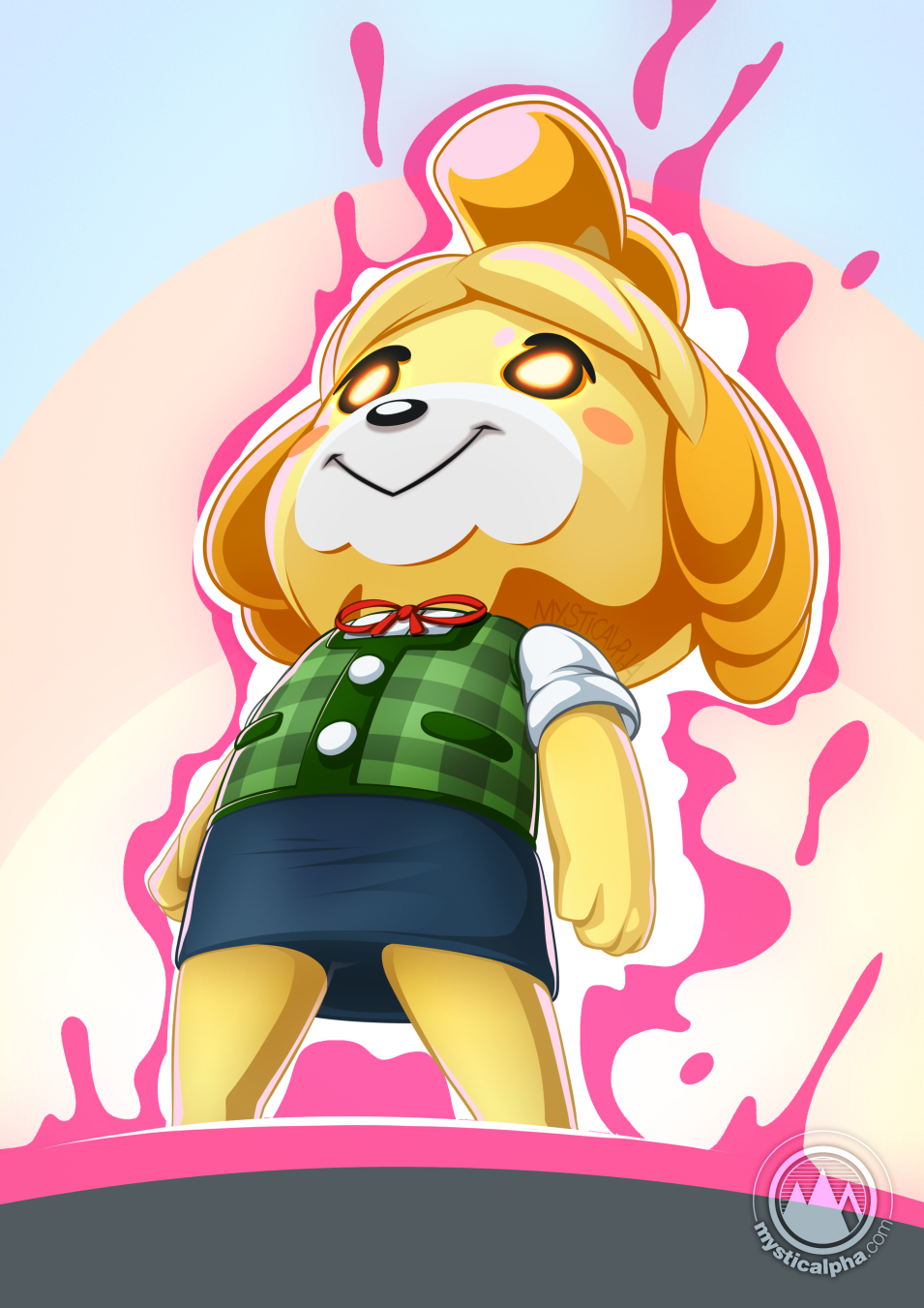 2019 animal_crossing anthro aura canid canine canis clothing domestic_dog female floppy_ears glowing glowing_eyes hi_res isabelle_(animal_crossing) mammal mysticalpha nintendo shih_tzu signature smile solo text toy_dog url video_games