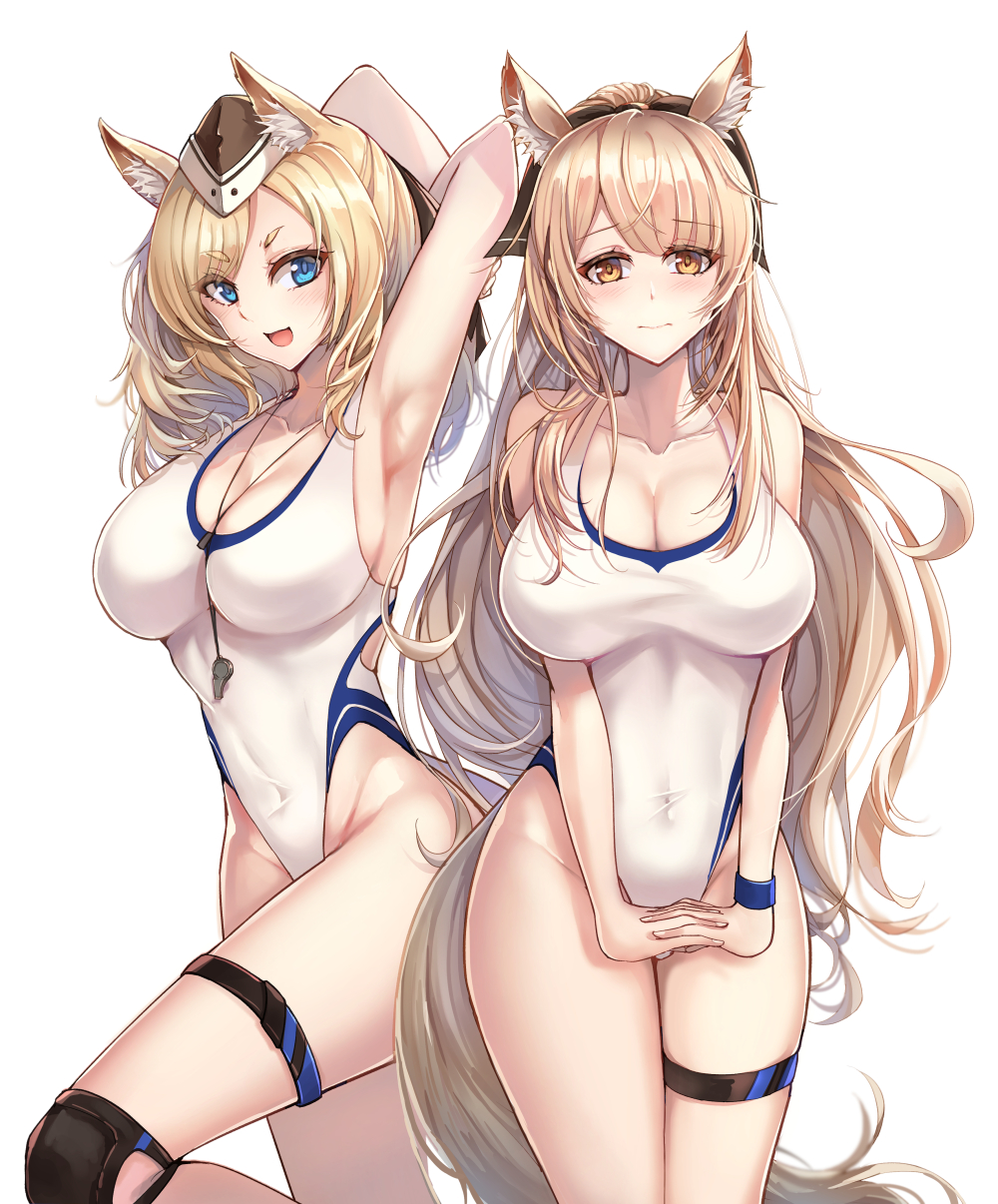 2girls 3: :d animal_ear_fluff animal_ears arknights armpits arms_behind_head arms_up bare_arms bare_shoulders blemishine_(arknights) breasts cleavage competition_swimsuit covered_navel cowboy_shot frown groin hair_ribbon hat highleg highleg_swimsuit highres horse_ears large_breasts multiple_girls one-piece_swimsuit open_mouth ponytail ribbon simple_background smile standing sweatband swimsuit thigh_strap thighs whislash_(arknights) whistle white_background white_swimsuit yuemanhuaikong