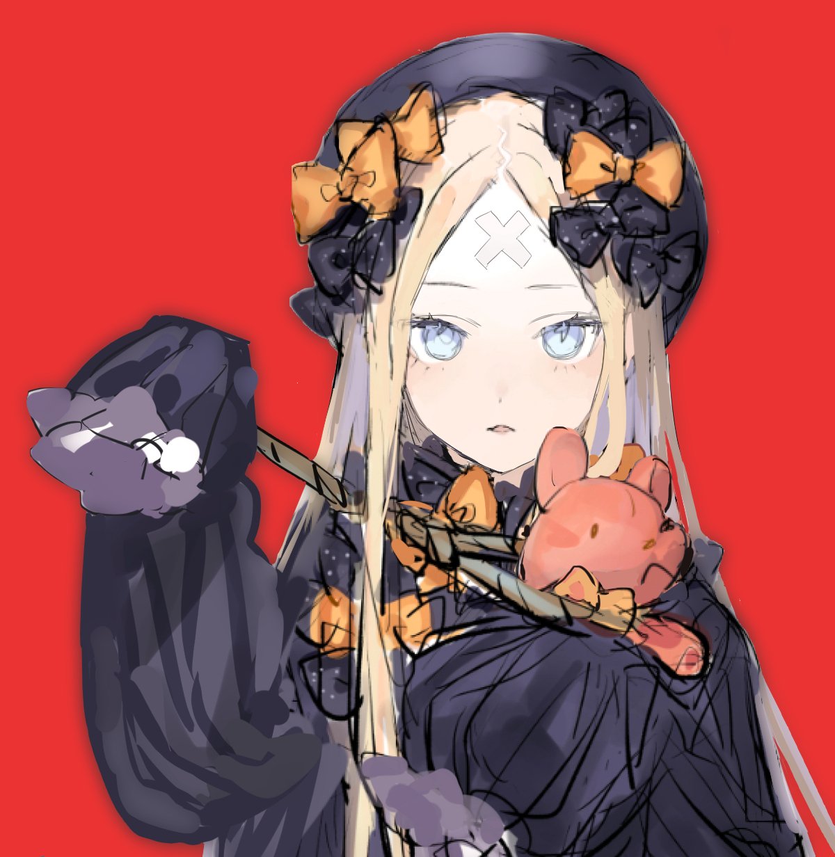 1girl abigail_williams_(fate/grand_order) bandaid bandaid_on_forehead black_bow black_headwear blonde_hair bow commentary fate/grand_order fate_(series) hair_bow hat highres holding long_hair long_sleeves looking_at_viewer orange_bow parted_lips red_background sankomichi simple_background sketch sleeves_past_wrists solo stuffed_animal stuffed_toy teddy_bear upper_body