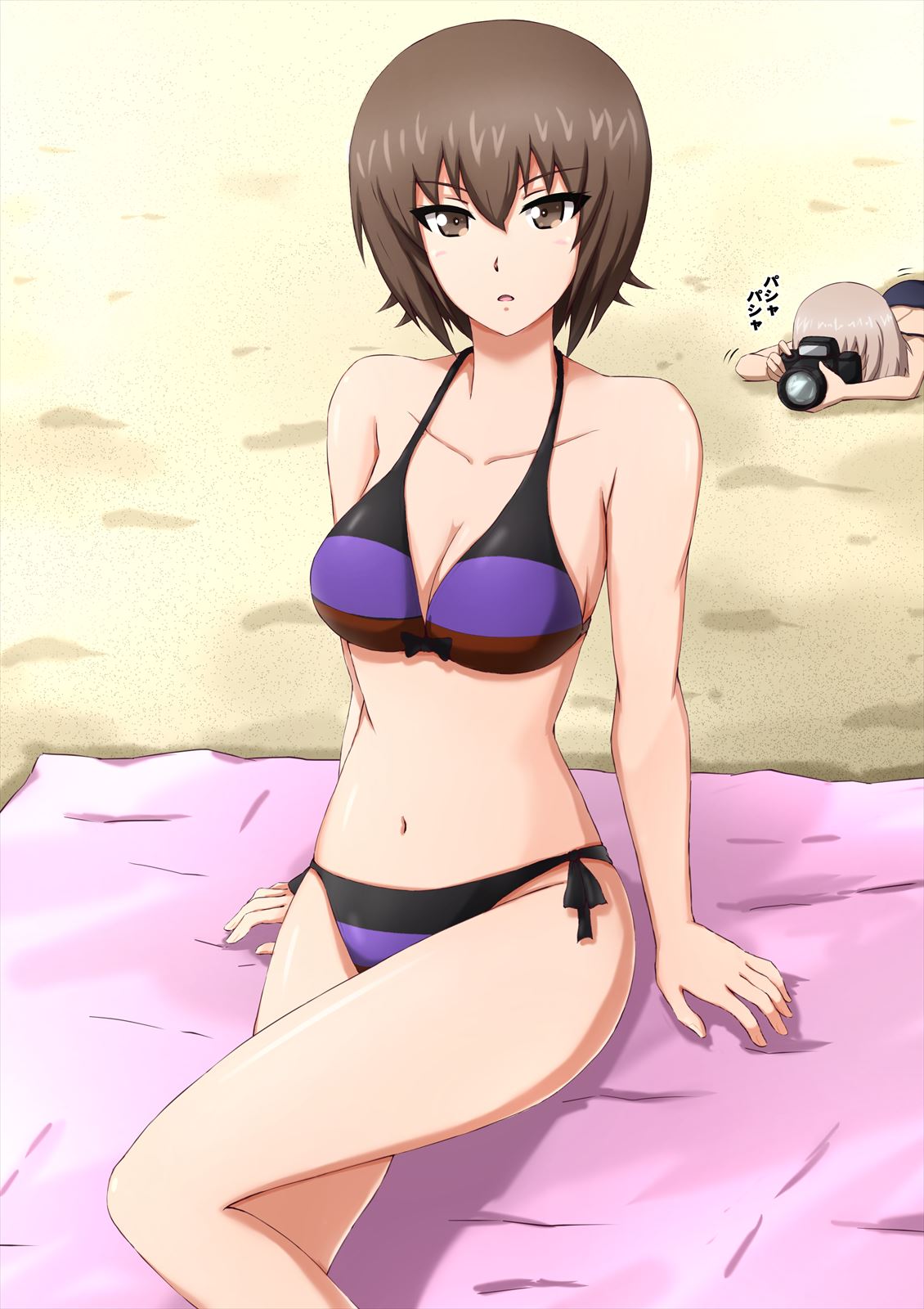 2girls bad_id bad_twitter_id bangs beach beach_towel bikini breasts brown_eyes brown_hair camera cleavage commentary crawling day eyebrows_visible_through_hair girls_und_panzer highres holding holding_camera itsumi_erika knee_up looking_at_viewer medium_breasts motion_lines multiple_girls navel nishizumi_maho omachi_(slabco) outdoors parted_lips purple_bikini shadow short_hair side-tie_bikini silver_hair sitting skindentation swimsuit taking_picture towel translated