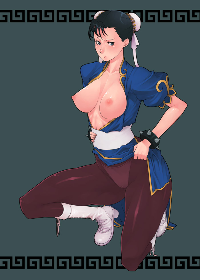 black_hair blush boots bracelet breasts bun_cover china_dress chinese_clothes chun-li double_bun dress g-room_honten green_eyes jewelry kneeling large_breasts open_clothes open_shirt panties panties_under_pantyhose pantyhose pelvic_curtain sash shirt solo spiked_bracelet spikes street_fighter underwear white_panties