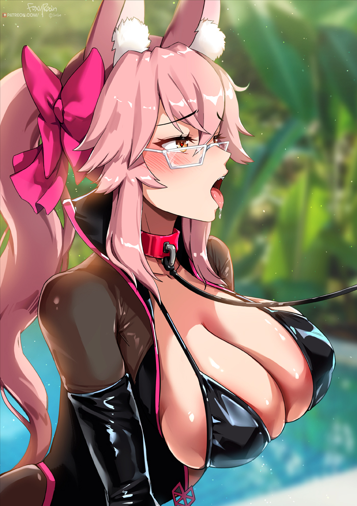 1girl animal_ears bangs bikini black_bikini blush bodysuit bow breasts cleavage collar collarbone dog_collar fangs fate/grand_order fate_(series) fox_ears fox_girl foxyrain glasses grey-framed_eyewear hair_bow large_breasts leash long_hair open_bodysuit open_mouth outdoors pink_bow pink_hair ponytail pool shiny shiny_skin sidelocks solo swimsuit tamamo_(assassin)_(fate) tamamo_(fate)_(all) tongue tongue_out yellow_eyes