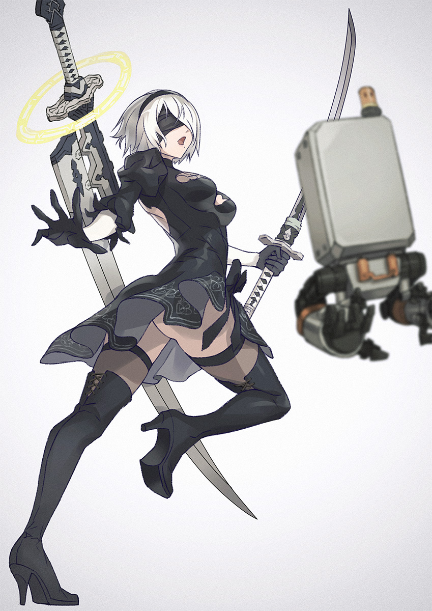 1girl ass back_cutout black_blindfold black_dress black_footwear black_legwear blindfold boots breasts clothing_cutout dress feather-trimmed_sleeves feather_trim full_body gloves hairband high_heel_boots high_heels highres holding holding_sword holding_weapon medium_breasts mole mole_under_mouth nier_(series) nier_automata open_mouth outstretched_arm pod_(nier_automata) puffy_sleeves robot short_dress short_hair side_slit soulcalibur soulcalibur_v soulcalibur_vi standing standing_on_one_leg sword thigh_boots thighhighs weapon white_hair yagi2013 yorha_no._2_type_b
