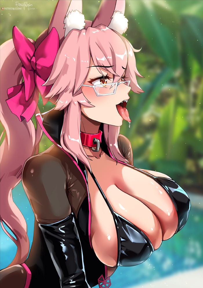 1girl animal_ears bangs bikini black_bikini blush bodysuit bow breasts cleavage collar collarbone dog_collar fangs fate/grand_order fate_(series) fox_ears fox_girl foxyrain glasses grey-framed_eyewear hair_bow large_breasts long_hair open_bodysuit open_mouth outdoors pink_bow pink_hair ponytail pool shiny shiny_skin sidelocks solo swimsuit tamamo_(assassin)_(fate) tamamo_(fate)_(all) tongue tongue_out yellow_eyes