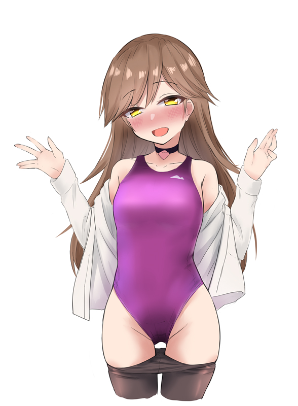 1girl arashio_(kantai_collection) bangs blush breasts brown_hair choker collarbone commentary_request competition_swimsuit cowboy_shot eyebrows_visible_through_hair heart heart_choker highleg highleg_swimsuit kantai_collection long_hair long_sleeves looking_at_viewer off_shoulder one-piece_swimsuit open_mouth pantyhose sasakura_(calicchio) shirt simple_background smile solo standing swimsuit swimsuit_under_clothes white_background white_shirt yellow_eyes