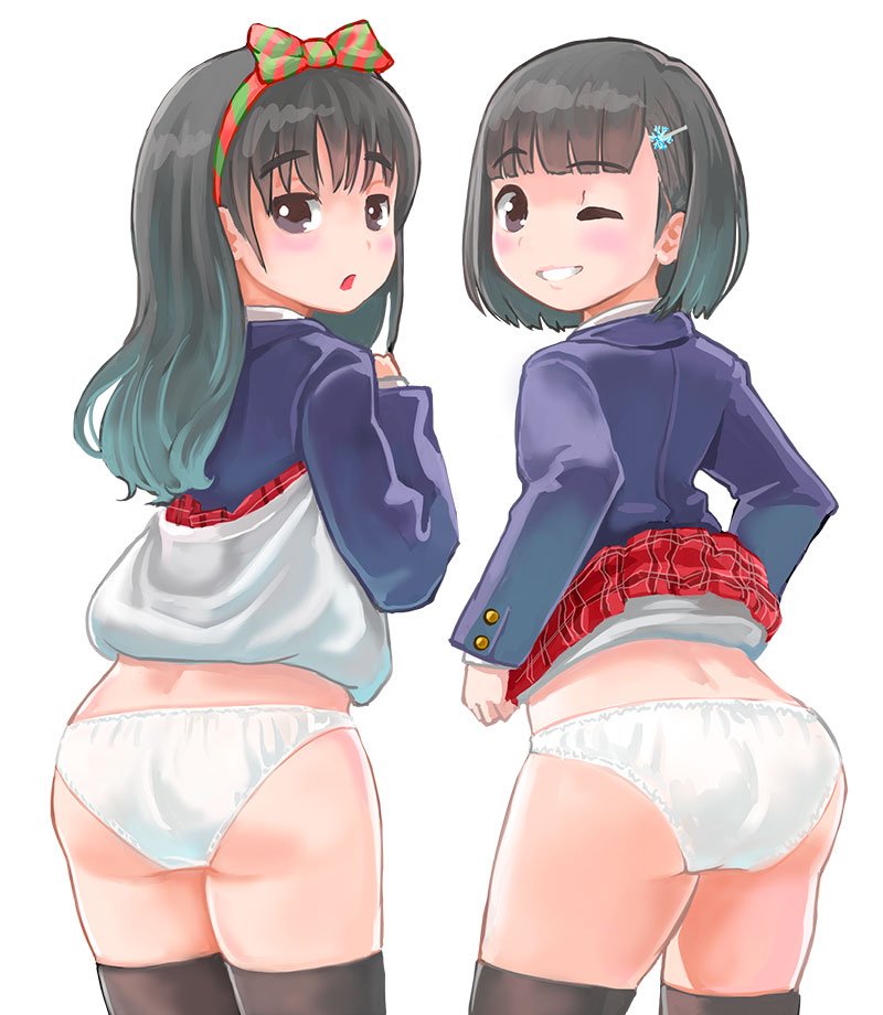 2girls ass bangs black_eyes black_legwear blunt_bangs blush bob_cut bow bow_hairband eyebrows_visible_through_hair from_behind grey_hair hair_bow hair_ornament hairband hairpin himeshaga jacket long_hair long_sleeves looking_at_viewer looking_back multiple_girls one_eye_closed original panties parted_lips purple_jacket red_skirt school_uniform simple_background skirt skirt_lift smile striped striped_bow thighhighs underwear white_background white_panties