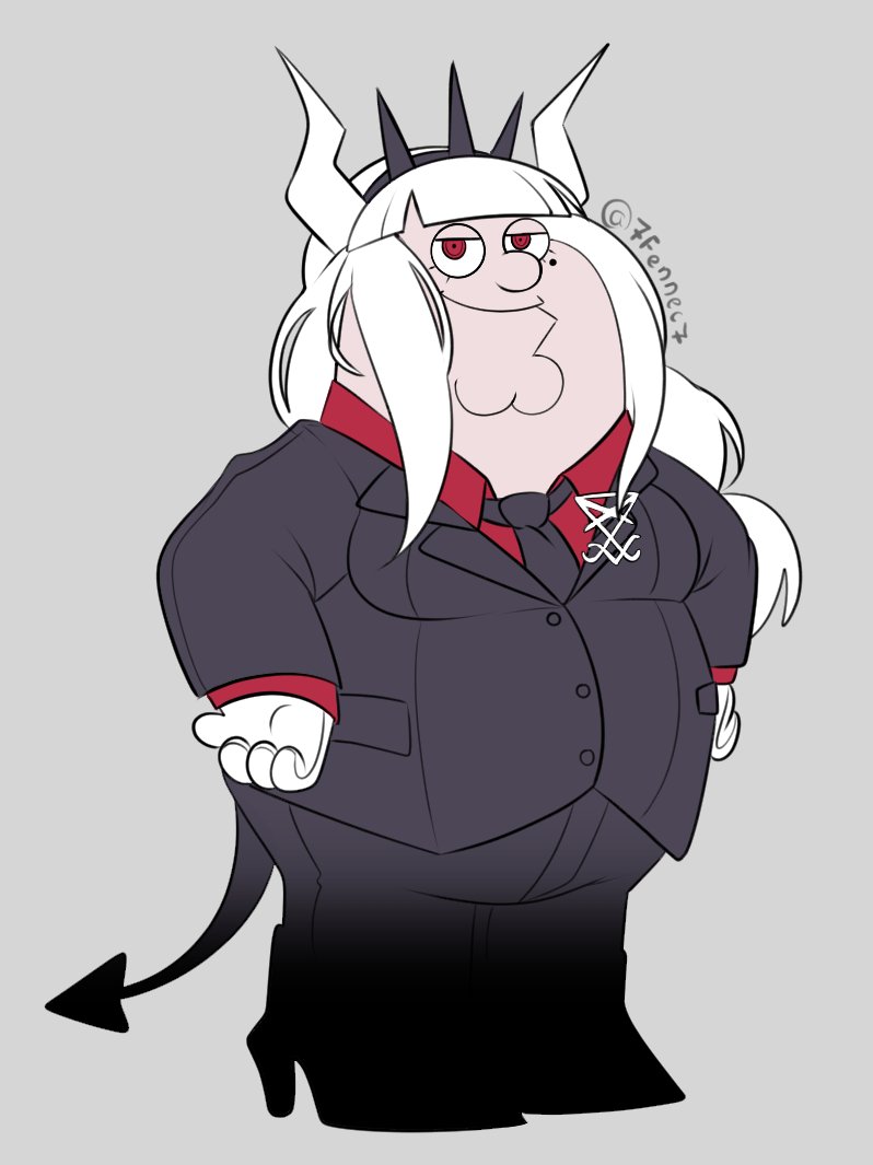 1boy 7fennec7 artist_name bangs black_jacket black_neckwear black_pants black_tail blunt_bangs boots business_suit chin collared_shirt commentary cosplay cup demon_horns demon_tail dress_shirt english_commentary family_guy fat fat_man formal full_body grey_background hands_on_hips helltaker high_heel_boots high_heels horns jacket lapel_pin long_hair long_sleeves lucifer_(helltaker) lucifer_(helltaker)_(cosplay) male_focus mole mole_under_eye necktie neckwear pants peter_griffin red_eyes red_shirt ringed_eyes shirt sidelocks simple_background suit tail twitter_username white_hair