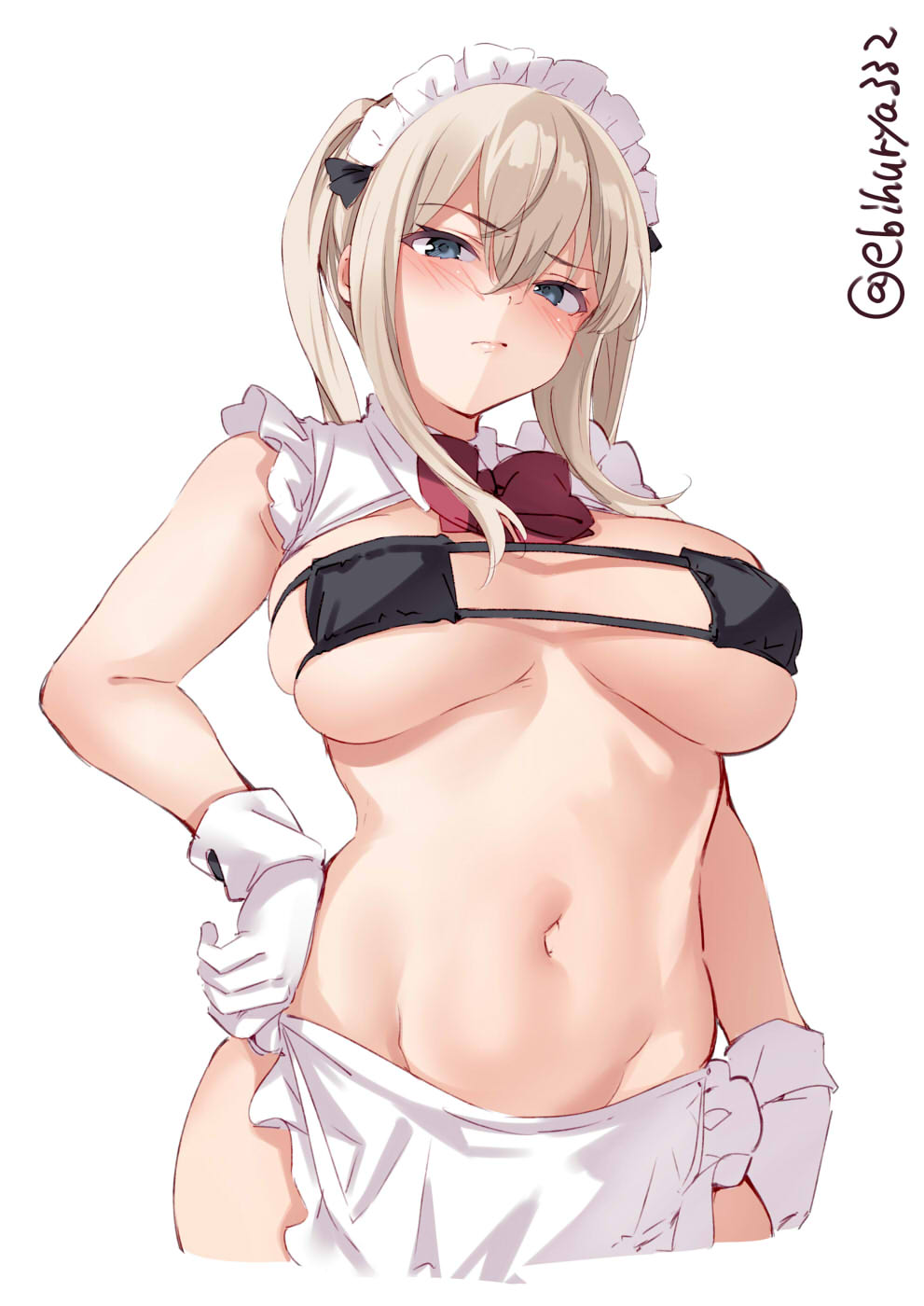 1girl apron bikini bikini_top black_bikini blonde_hair blush bow bowtie breasts cowboy_shot ebifurya frills gloves graf_zeppelin_(kantai_collection) grey_eyes hair_between_eyes highres kantai_collection looking_at_viewer maid maid_apron maid_bikini maid_headdress navel sidelocks stomach swimsuit tsurime twintails twitter_username white_background white_gloves