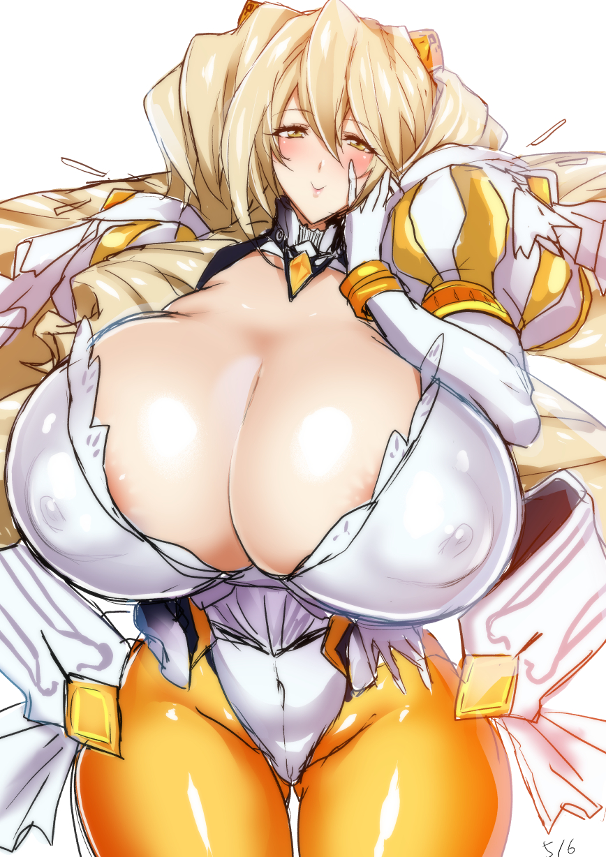 1girl akikusa_peperon areola_slip areolae bangs blonde_hair blush breasts cleavage covered_nipples elbow_gloves eyebrows_visible_through_hair glands_of_montgomery gloves highres huge_breasts kyoukaisenjou_no_horizon looking_at_viewer simple_background smile solo white_background
