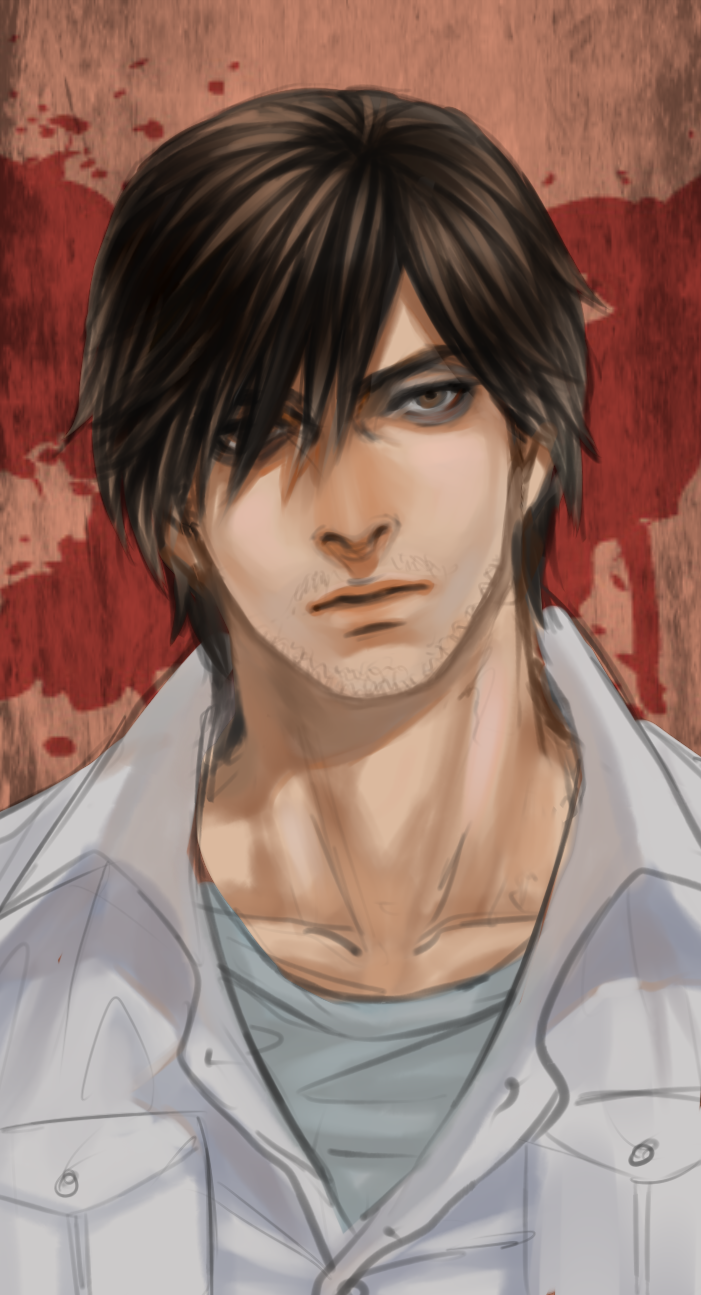 1boy blood_on_wall brown_eyes brown_hair cang_fade expressionless facial_hair hair_over_one_eye henry_townshend highres male_focus silent_hill silent_hill_4 solo stubble