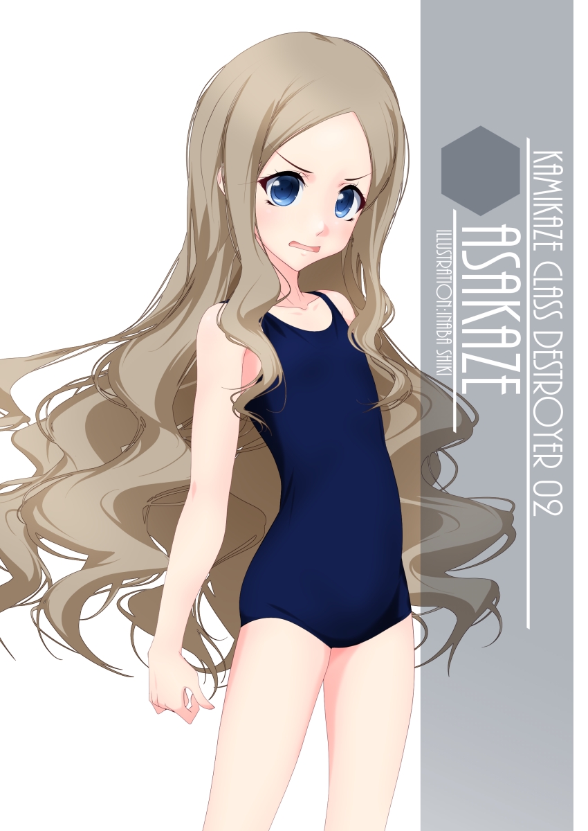 1girl artist_name asakaze_(kantai_collection) bangs blue_eyes character_name cowboy_shot flat_chest forehead highres inaba_shiki kantai_collection light_brown_hair long_hair looking_at_viewer new_school_swimsuit open_mouth parted_bangs school_swimsuit sidelocks simple_background smile solo standing swimsuit wavy_hair white_background