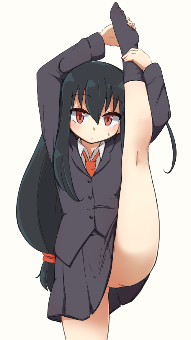 1girl bangs black_hair black_jacket black_legwear black_skirt blush eyebrows_visible_through_hair hatsushimo_(kantai_collection) ishitsubute jacket kantai_collection kneehighs leg_lift leg_up long_hair long_sleeves low-tied_long_hair necktie no_panties red_eyes red_neckwear shirt simple_background skirt solo split standing standing_on_one_leg standing_split white_shirt