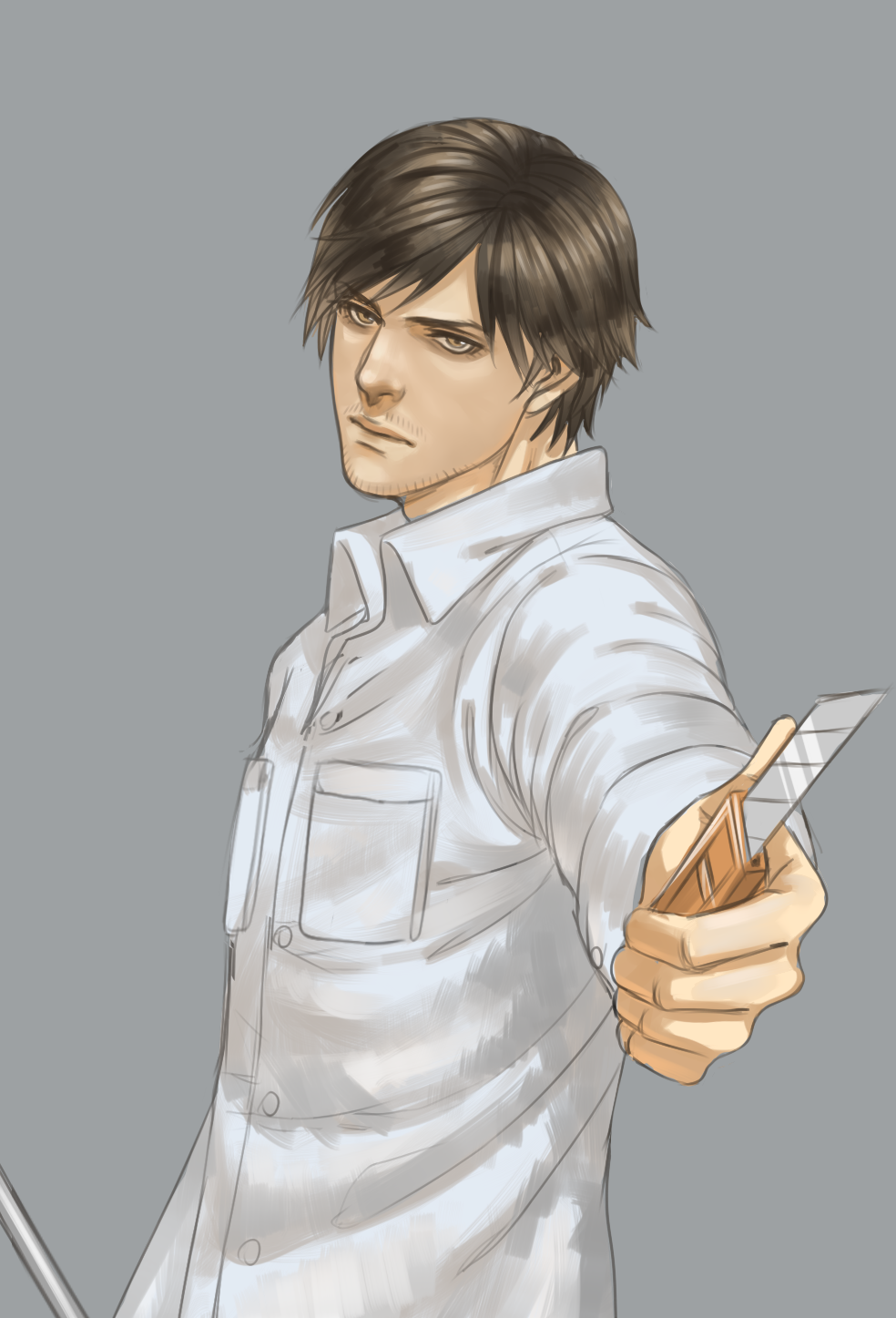 1boy boxcutter brown_eyes brown_hair cang_fade casual dress_shirt facial_hair henry_townshend highres lead_pipe male_focus shirt silent_hill silent_hill_4 solo stubble