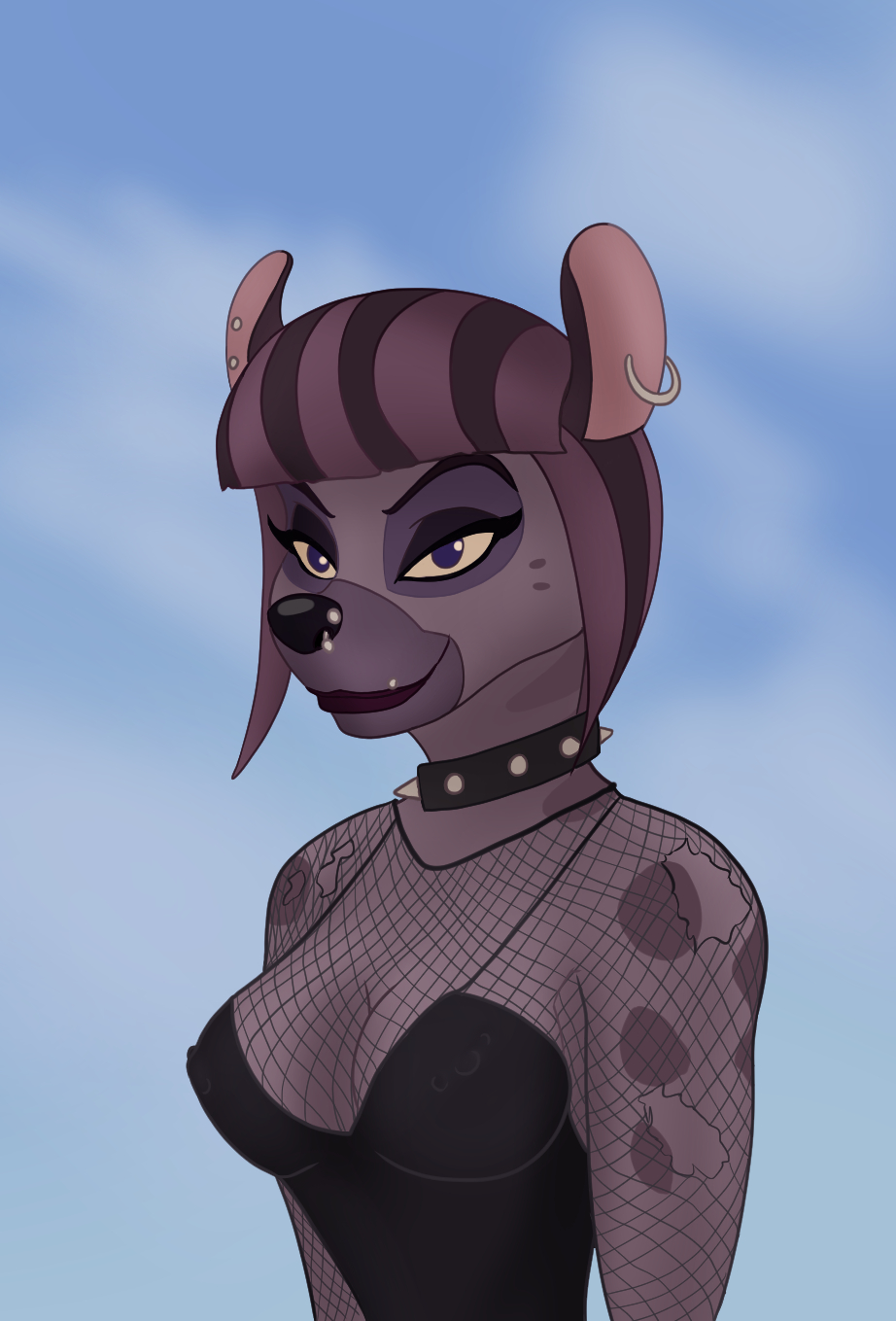 anthro anthrofied astraldog bangs clothed clothing collar ear_piercing ear_ring erect_nipples facial_piercing female fishnet hi_res hyaenid jasiri_(tlg) looking_at_viewer mammal mesh_top nipple_piercing nipples nose_piercing outside piercing solo spiked_collar spikes spotted_hyena