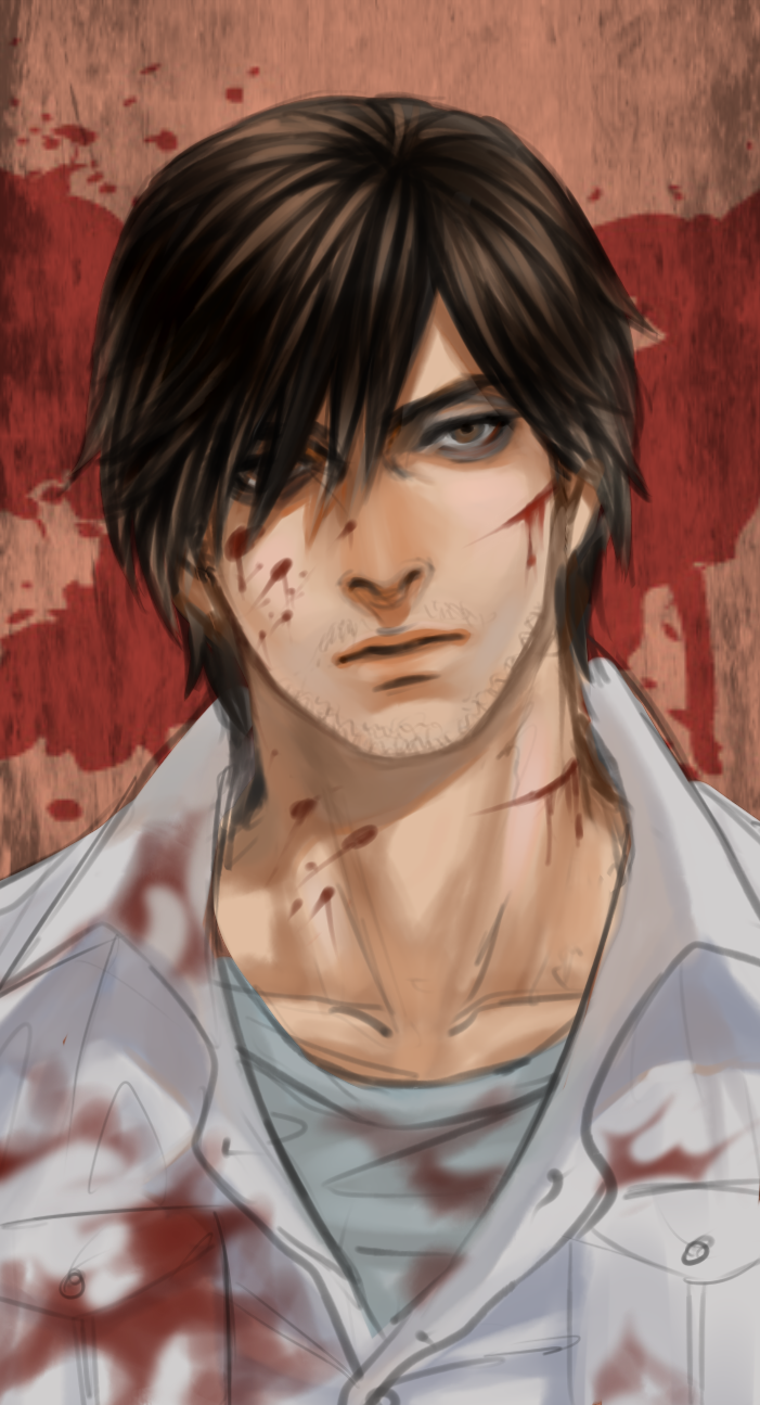 1boy blood blood_on_face blood_on_wall bloody_clothes brown_eyes brown_hair cang_fade expressionless facial_hair hair_over_one_eye henry_townshend highres male_focus silent_hill silent_hill_4 solo stubble