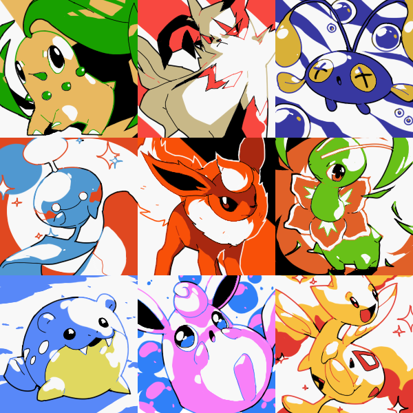 :d :o chikorita chimecho chinchou commentary english_commentary fangs flareon gen_1_pokemon gen_2_pokemon gen_3_pokemon happy looking_at_viewer meganium open_mouth pinkgermy pokemon smile snow sparkle spheal stitched third-party_edit togetic wigglytuff zangoose