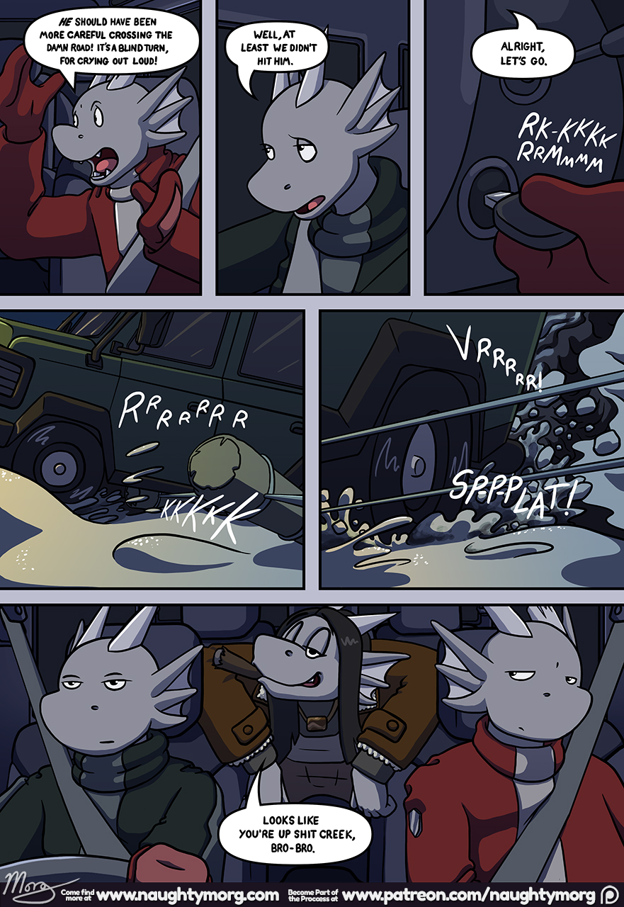 anthro bailey_(naughtymorg) brother brothers clothing comic dialogue dom_(naughtymorg) dragon english_text female group hi_res incest_(lore) male medium_truck naughtymorg patreon patreon_logo scalie seph_(naughtymorg) sibling sister snow snowstorm text truck_(vehicle) url van vehicle