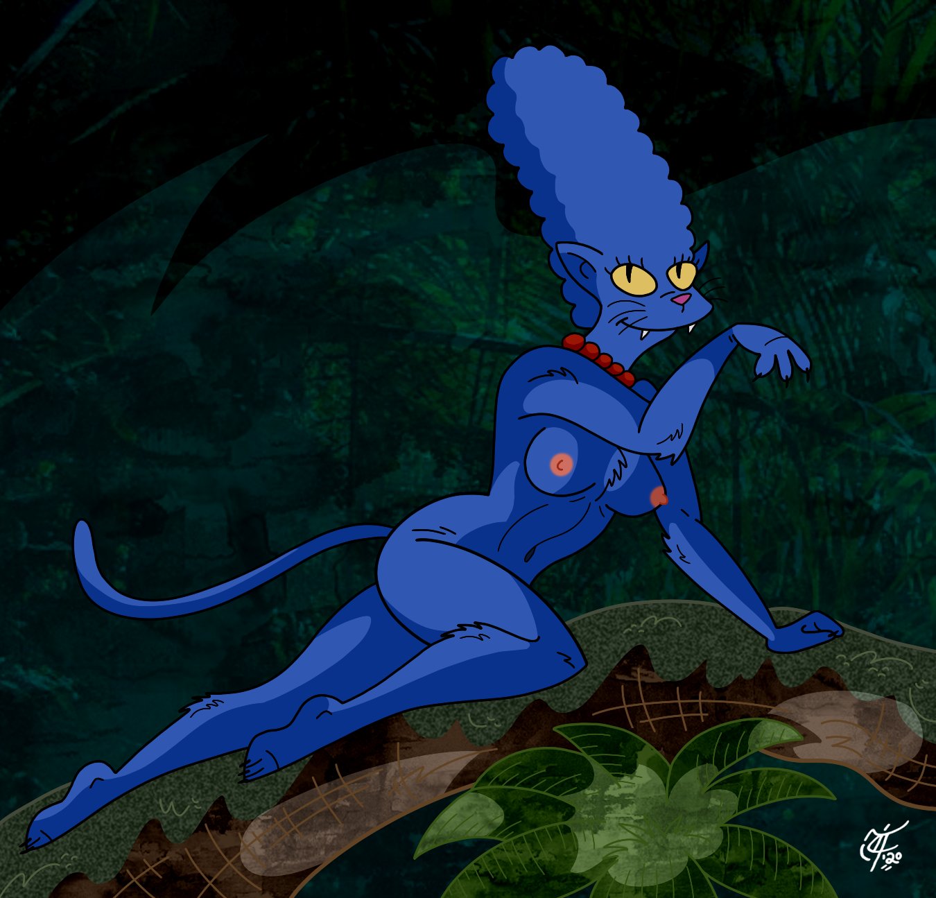 2020 all_fours anthro blue_body blue_fur blue_hair breasts cat_marge fangs felid female fur hair hi_res jewelry mammal marge_simpson necklace nipples nude pantherine pupils slit_pupils smile solo the_simpsons unclescooter whiskers