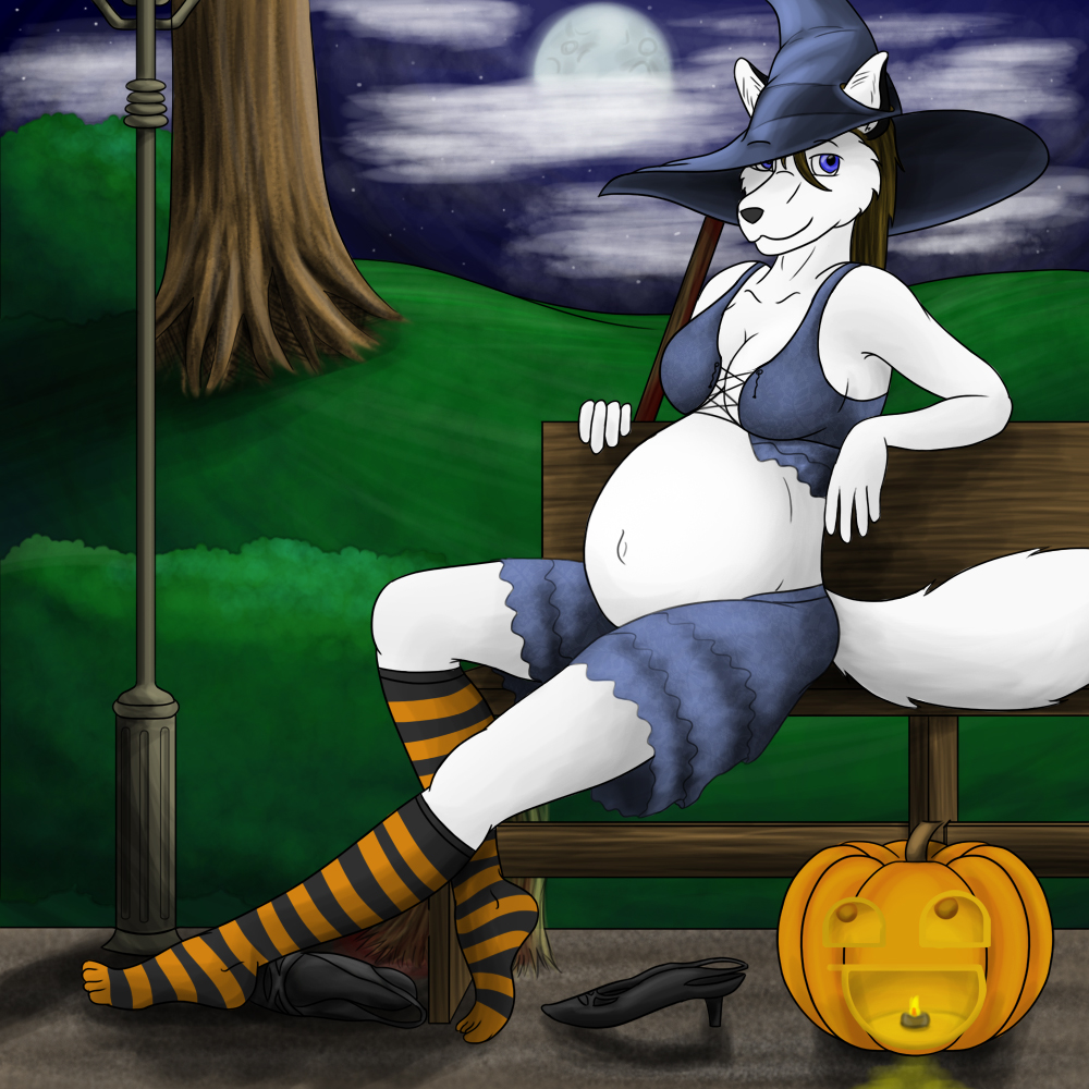 1:1 anthro awesome_face belly bench big_belly breasts canid canine canis clothing cloud female footwear geckoguy123456789 halloween hat headgear headwear high_heels holidays jack-o'-lantern mammal meme moon night pregnant shoes sky socks solo star street_lamp wolf