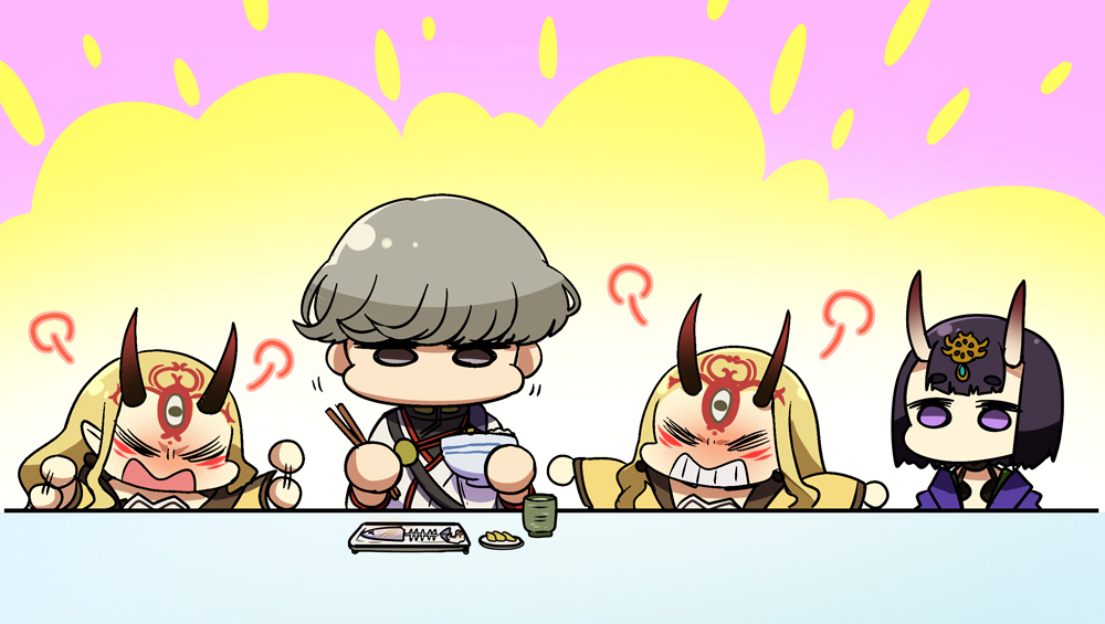 1boy 3girls angry blonde_hair bob_cut chibi chopsticks cup facial_mark fate/grand_order fate_(series) fish forehead_mark grey_eyes grey_hair headpiece honchu horns ibaraki_douji_(fate/grand_order) japanese_clothes kimono long_hair looking_at_another multiple_girls no_mouth oni_horns purple_eyes purple_hair purple_kimono short_eyebrows short_hair shuten_douji_(fate/grand_order) sitting skin-covered_horns tattoo watanabe_no_tsuna_(fate/grand_order) yellow_kimono yunomi