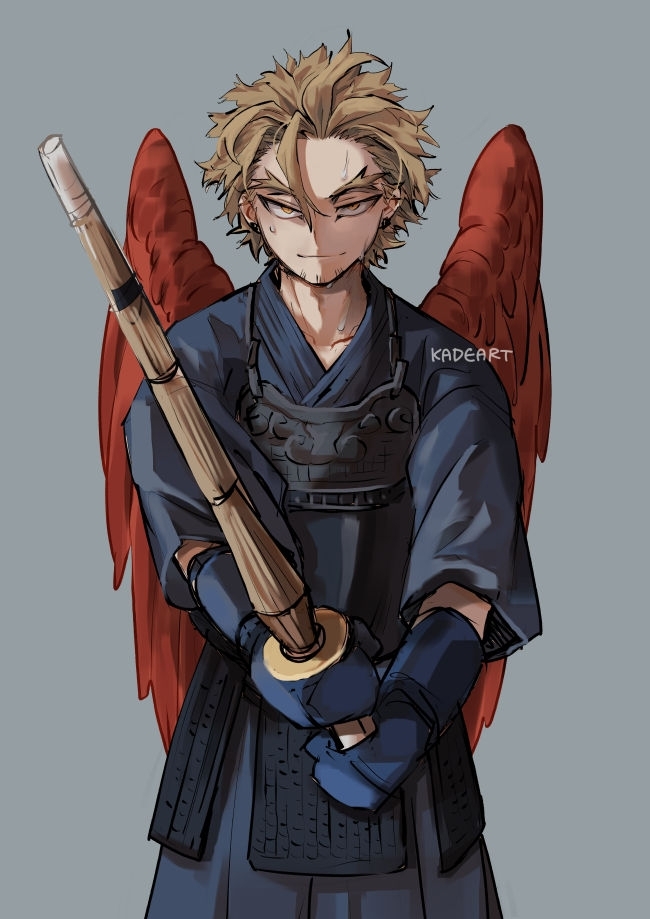 1boy artist_name bangs blonde_hair boku_no_hero_academia bougu closed_mouth commentary cowboy_shot facial_hair gloves grey_background hair_between_eyes hawks_(boku_no_hero_academia) holding holding_weapon kadeart kendo looking_at_viewer male_focus red_wings shinai short_hair solo sweat sword weapon wings wooden_sword yellow_eyes
