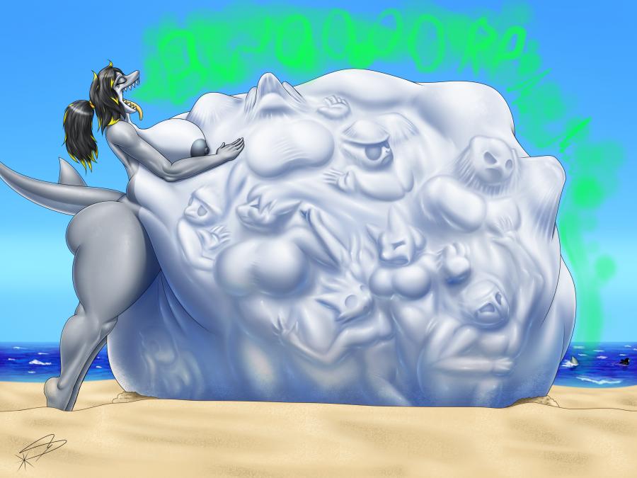 anthro beach belly big_belly big_breasts breasts bulge burping detailed digestion female female/female fish hyper hyper_belly imprint lightningjolt male male/female marine mass_vore onomatopoeia oral rumbling_stomach seaside shark sound_effects starstrikex text thick_thighs vore