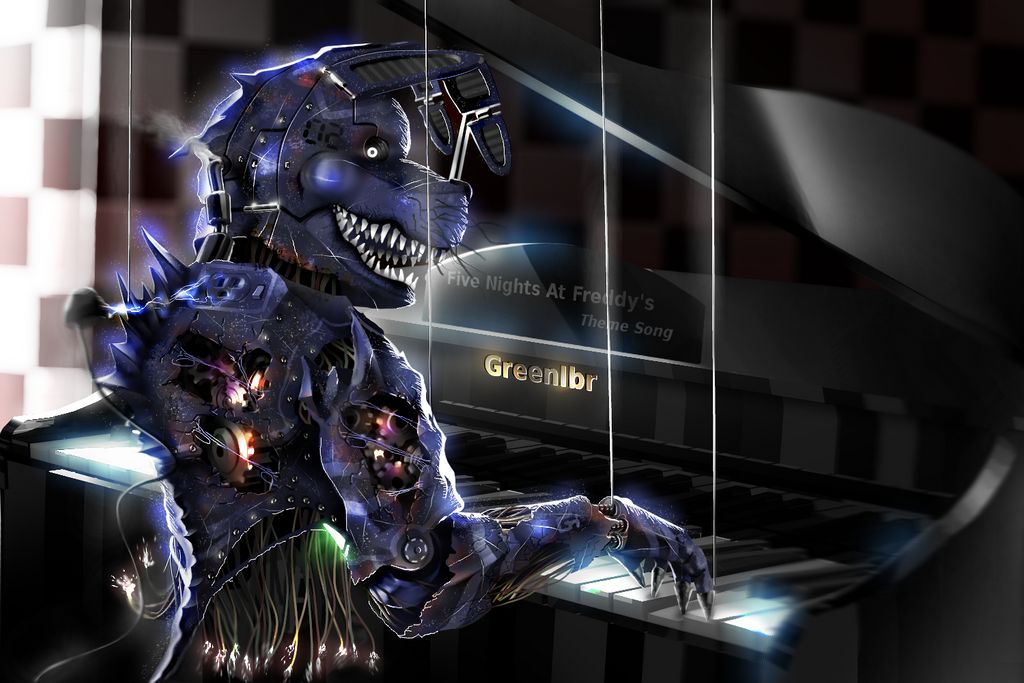 2015 ambiguous_gender animatronic anthro blue_body claws electricity five_nights_at_freddy's five_nights_at_freddy's_4 gear glistening glistening_body greenibr keyboard_instrument lagomorph leporid long_ears looking_at_viewer looking_back machine mammal musical_instrument nightmare_bonnie_(fnaf) open_mouth open_smile piano playing_music playing_piano rabbit robot sharp_claws sharp_teeth smile smoking solo sparks spikes steam suspension teeth video_games whiskers white_eyes wire
