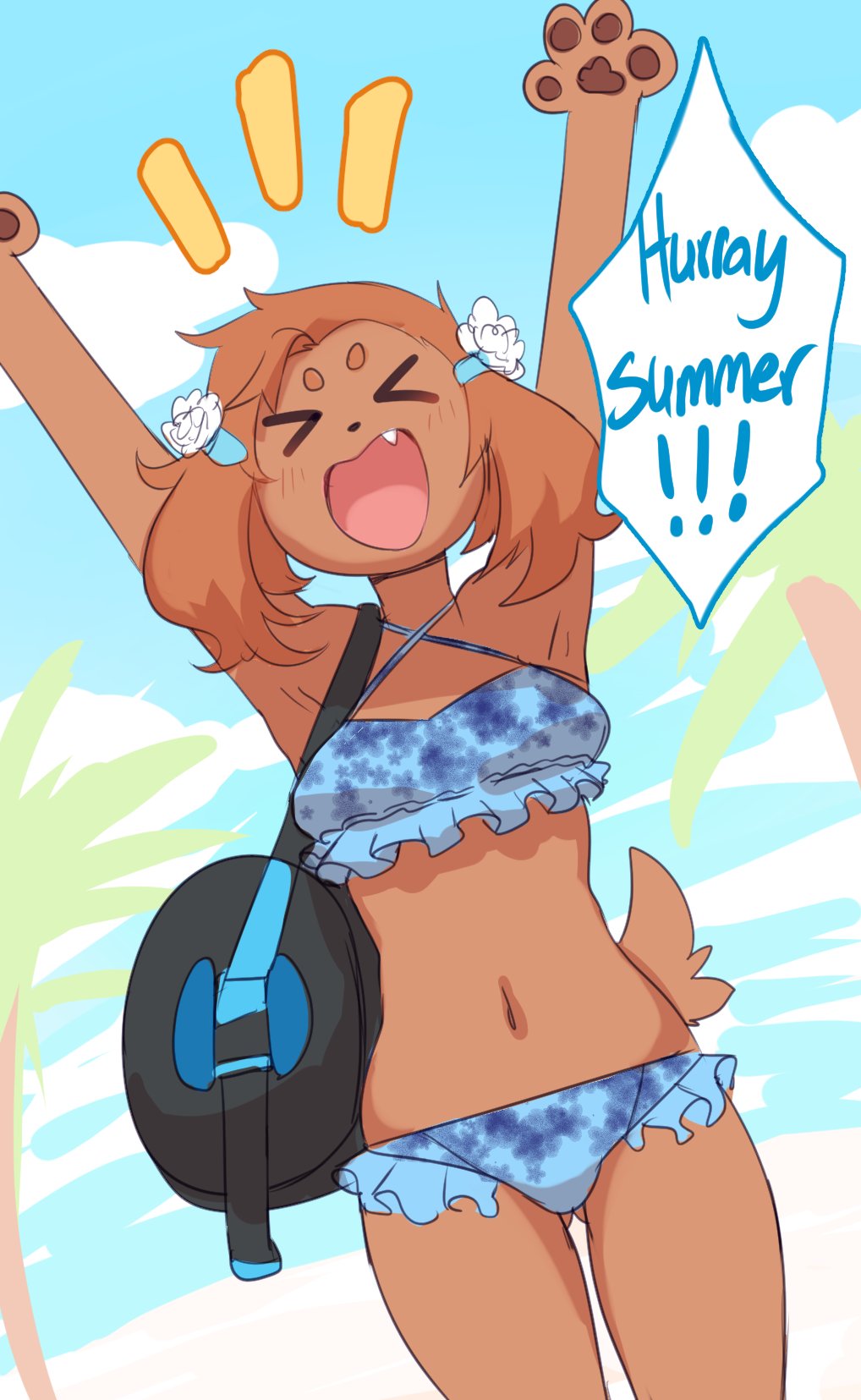 ! accessory anthro beach bikini breasts brown_body brown_fur brown_hair canid canine canis cheering clothed clothing dialogue domestic_dog duffel_bag english_text eyes_closed female flower flower_in_hair fur hair hair_accessory hi_res lightsource mammal palm_tree paws pepper_(lightsource) plant ponytail_ears raised_arm seaside sky solo summer swimwear text tree xd