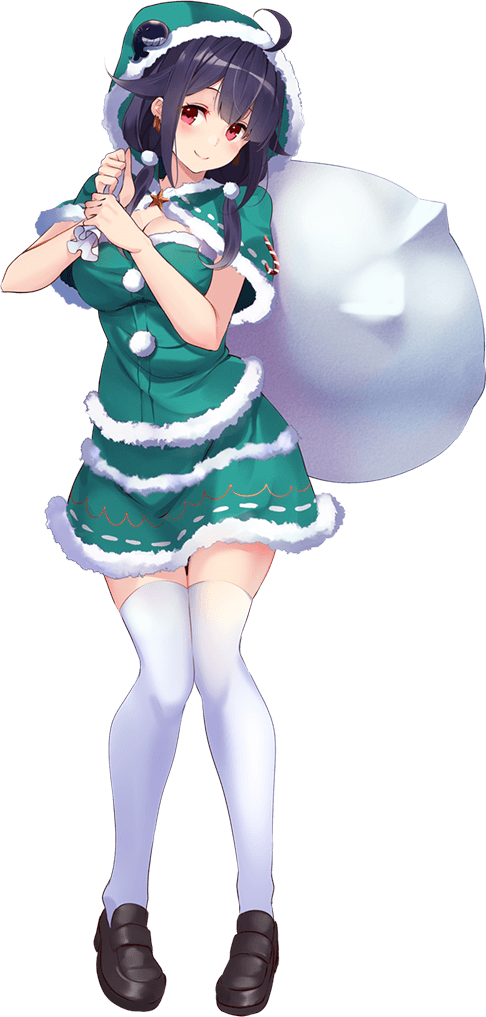1girl breasts capelet full_body green_santa_costume hair_flaps hood hood_up hooded_capelet kantai_collection kujou_ichiso low_twintails medium_breasts official_art purple_hair red_eyes ryuuhou_(kantai_collection) sack santa_costume taigei_(kantai_collection) thighhighs transparent_background twintails white_legwear