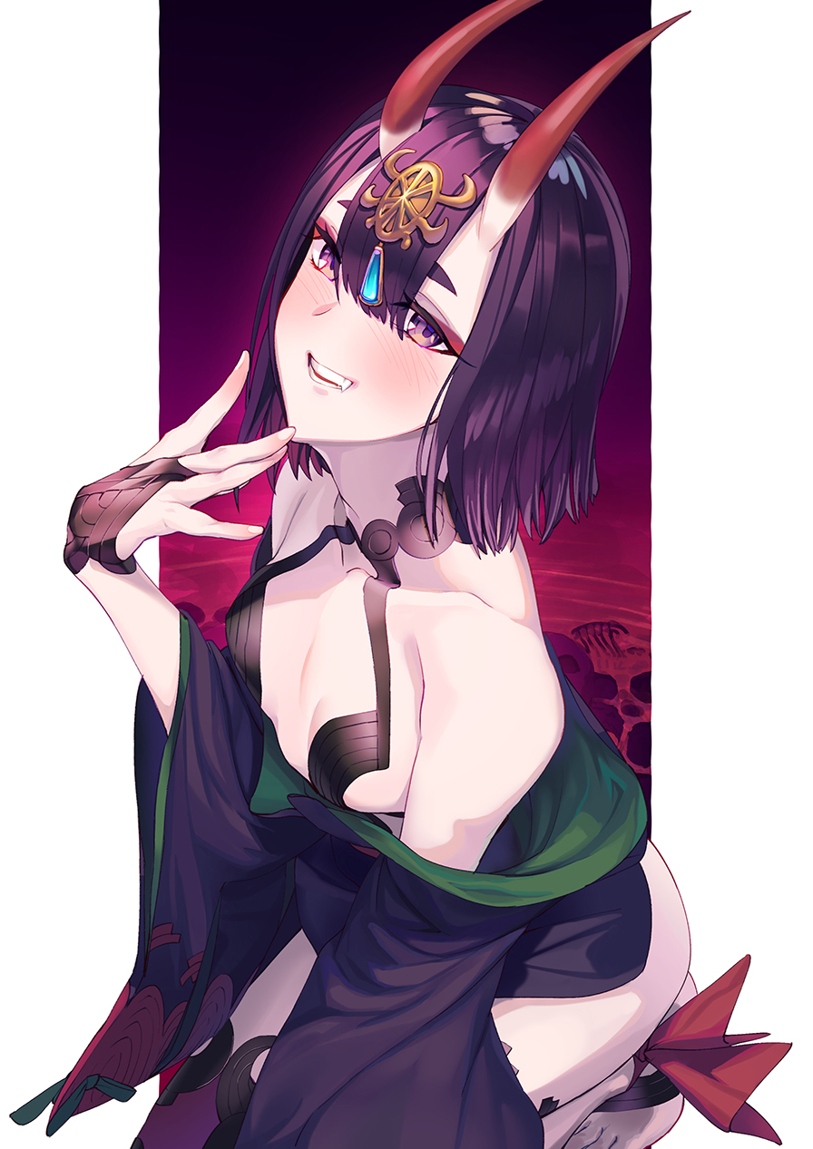 1girl bangs bare_shoulders blush bob_cut breasts bridal_gauntlets collarbone eyeliner fate/grand_order fate_(series) headpiece highres horns japanese_clothes kimono long_sleeves looking_at_viewer makeup off_shoulder oni oni_horns open_mouth purple_eyes purple_hair purple_kimono revealing_clothes seiza short_hair shuten_douji_(fate/grand_order) sitting skin-covered_horns small_breasts smile soupchan wide_sleeves