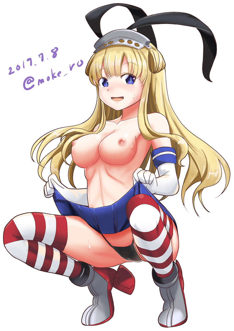 1girl alternate_costume black_panties blonde_hair blue_eyes blue_skirt breasts commentary_request cosplay crop_top crop_top_overhang double_bun elbow_gloves fletcher_(kantai_collection) full_body gloves high_heels highleg highleg_panties kantai_collection large_breasts long_hair microskirt miniskirt moke_ro panties pleated_skirt rudder_footwear sailor_collar shimakaze_(kantai_collection) shimakaze_(kantai_collection)_(cosplay) skirt solo squatting striped striped_legwear thighhighs thong underwear white_gloves