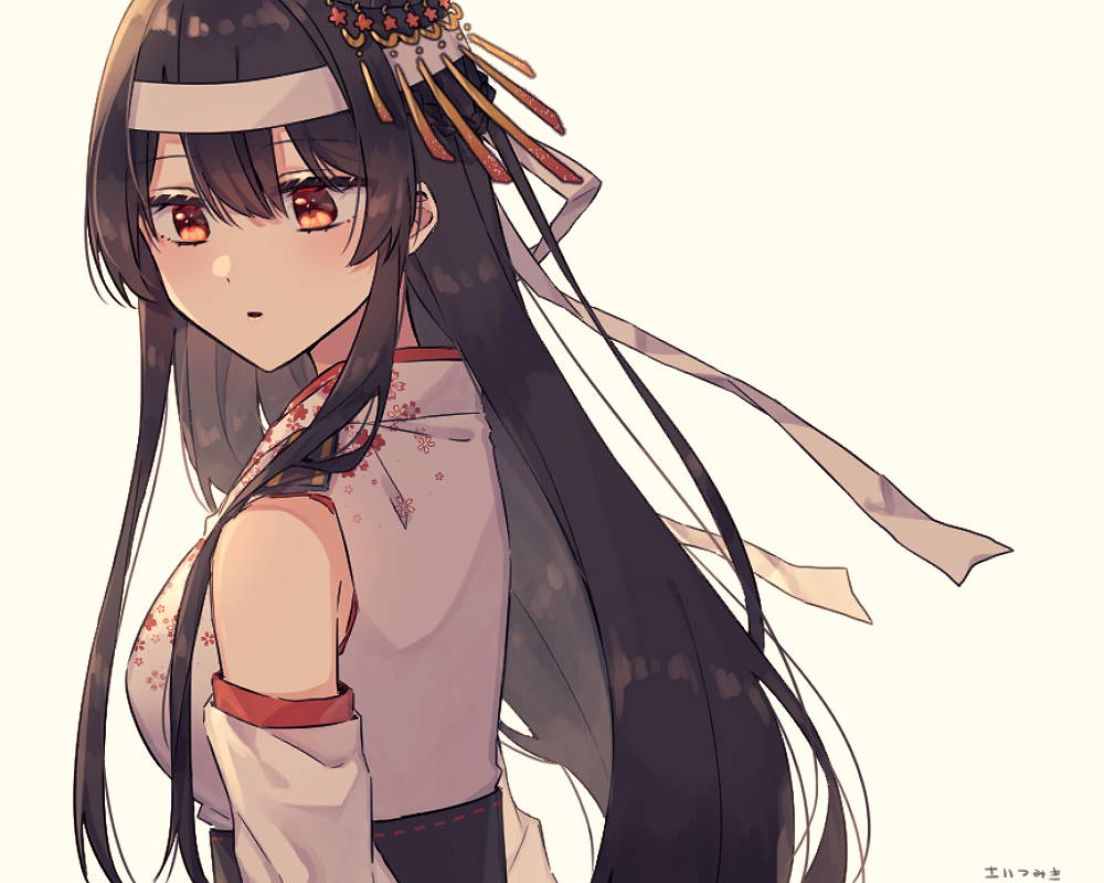 1girl bangs black_hair blush breasts detached_sleeves eyebrows_visible_through_hair floral_print fusou_(kantai_collection) hair_between_eyes hair_ornament headband headgear japanese_clothes kantai_collection large_breasts long_hair obi open_mouth parted_lips remodel_(kantai_collection) saitu_miki sash sidelocks simple_background solo upper_body yellow_background