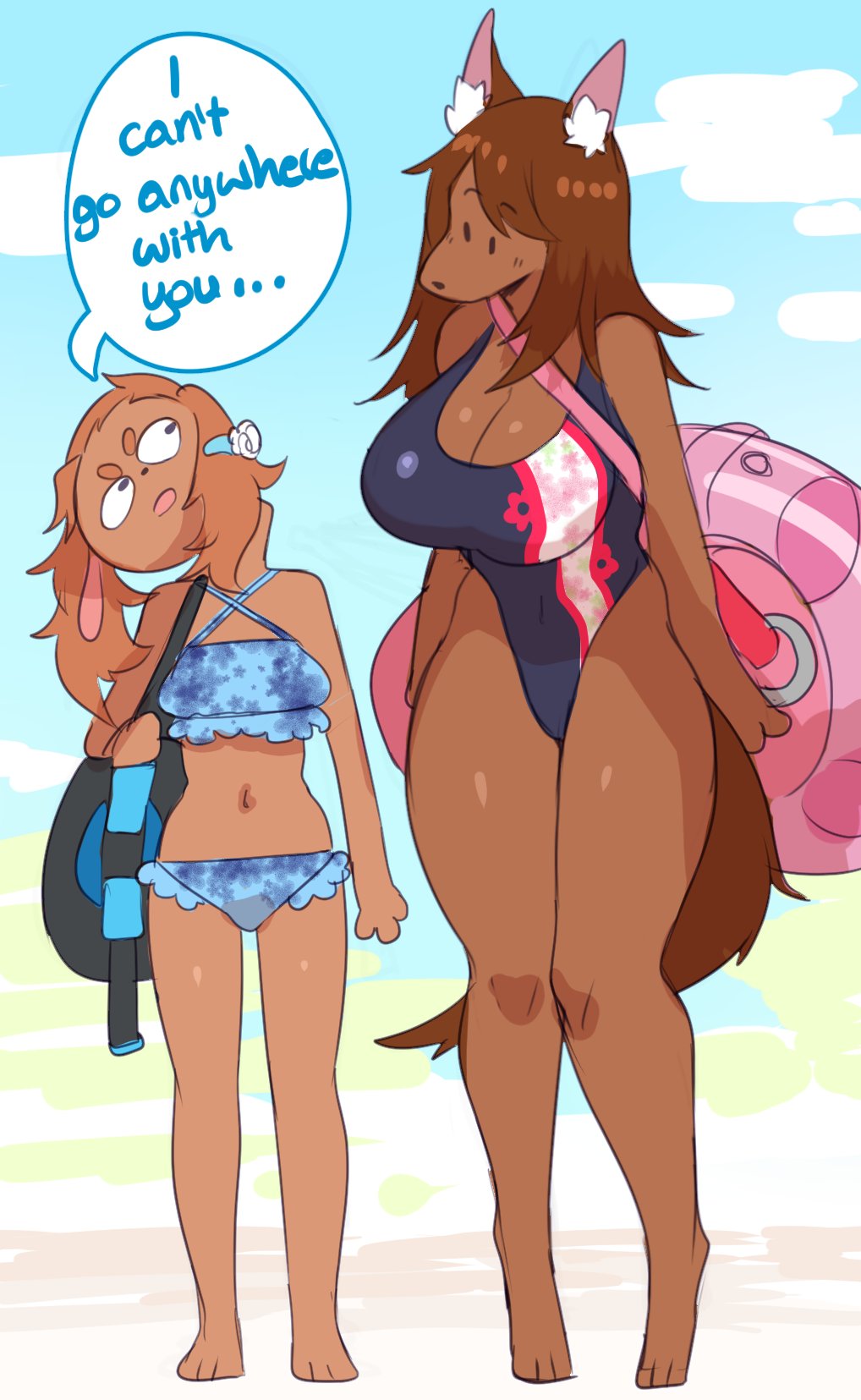 accessory angel_(lightsource) anthro barefoot beach big_breasts bikini breast_size_difference breasts broken_neck brown_body brown_fur brown_hair canid canine canis cleavage clothed clothing dialogue domestic_dog duffel_bag duo english_text female flower flower_in_hair fur hair hair_accessory hi_res inner_ear_fluff lightsource looking_aside looking_at_another mammal one-piece_swimsuit outside paws pepper_(lightsource) plant pool_float seaside size_difference summer swimwear text tuft