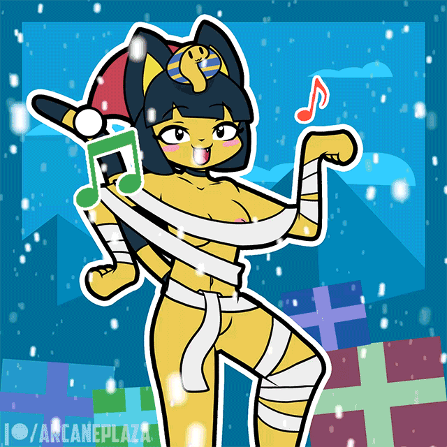 animal_crossing animated ankha_(animal_crossing) arcaneplaza bandage blue_hair blush body_wraps bottomwear breasts capreoline cervid christmas christmas_clothing christmas_headwear clothing convenient_censorship covering covering_crotch covering_pussy dancing fangs felid feline female fur gift gift_box hair happy hat headgear headwear holidays leg_wraps loincloth mammal musical_note nintendo nipple_slip nipples nude open_mouth patreon pyramid reindeer santa_hat sleigh snow snowing video_games wraps wrist_wraps yellow_body yellow_fur