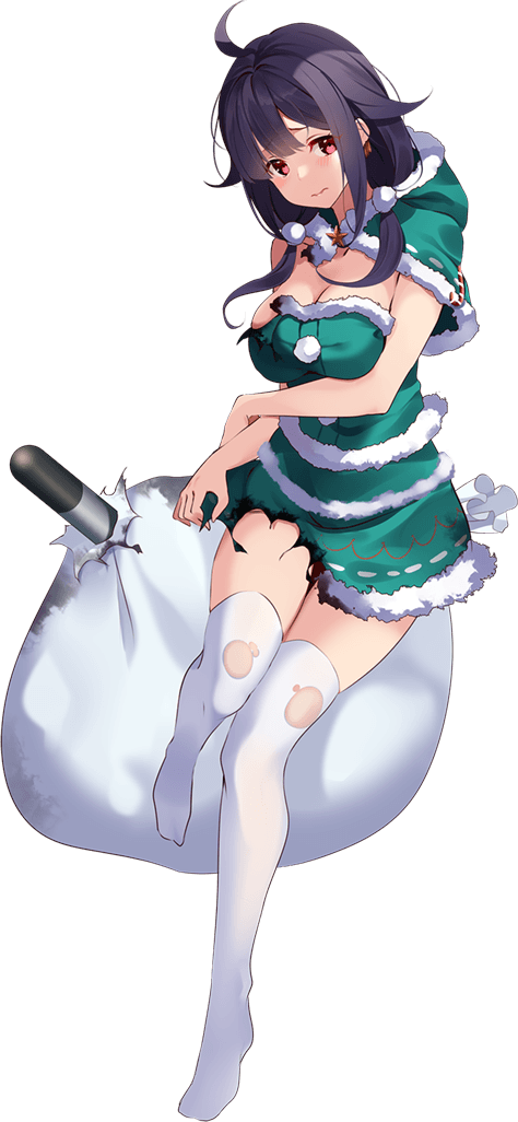 1girl breasts capelet full_body green_santa_costume hair_flaps hood hood_up hooded_capelet kantai_collection kujou_ichiso low_twintails medium_breasts official_art purple_hair red_eyes ryuuhou_(kantai_collection) sack santa_costume taigei_(kantai_collection) thighhighs torn_clothes transparent_background twintails white_legwear