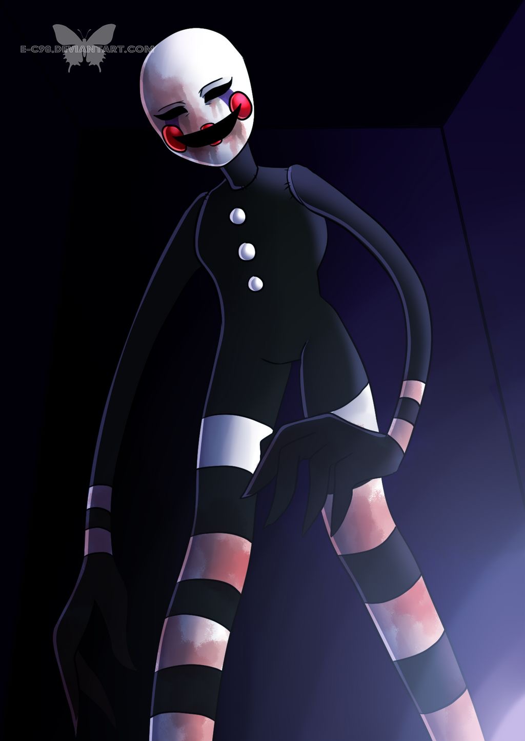 ambiguous_gender animate_inanimate black_body blood bodily_fluids button_(fastener) creepy_smile doll e-c98 empty_eyes five_nights_at_freddy's five_nights_at_freddy's_2 hi_res humanoid lipstick living_doll long_arms long_legs makeup multicolored_body nightmare_fuel not_furry puppet_(fnaf) red_cheeks smile solo stripes video_games watermark white_face white_stripes
