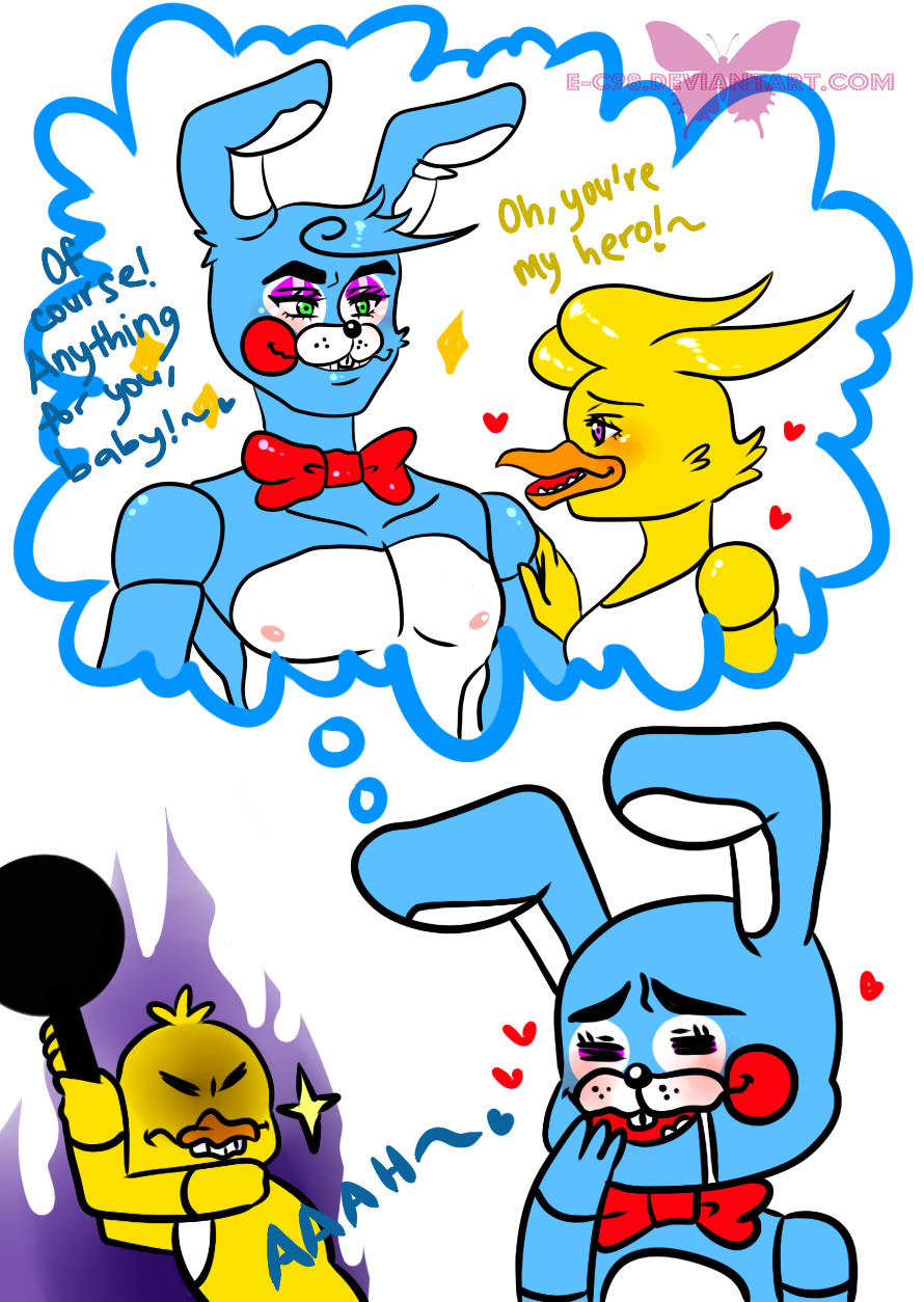 &lt;3 2015 angry animatronic anthro avian beak bib bird blue_body blush bodily_fluids bow_tie chica_(fnaf) chicken cookware dialogue drooling duo e-c98 english_text fantasizing fantasy female five_nights_at_freddy's five_nights_at_freddy's_2 freckles frying_pan galliform gallus_(genus) green_eyes head_tuft hi_res holding_object kitchen_utensils lagomorph leporid looking_at_another looking_pleasured machine male mammal multicolored_body muscular muscular_anthro muscular_male nipples open_mouth open_smile phasianid pink_nipples purple_eyes rabbit red_cheeks robot saliva smile sparkles text thought_bubble tools toy_bonnie_(fnaf) tuft video_games watermark yellow_body