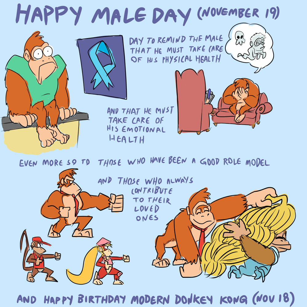 1:1 anthro ape banana barbary_macaque diddy_kong dixie_kong donkey_kong_(character) donkey_kong_(series) english_text female food fruit gorilla group haplorhine happy_birthday health kiddy_kong kong male mammal mens_day monkey nintendo pillarbox plant primate shesamonkey text video_games wrinkly_kong