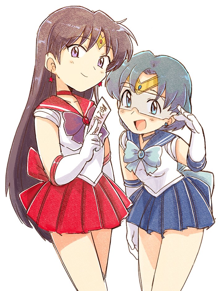 2girls back_bow bishoujo_senshi_sailor_moon black_hair blue_bow blue_choker blue_eyes blue_hair blue_sailor_collar blue_skirt blush bow choker circlet earrings elbow_gloves gloves hino_rei inner_senshi jewelry long_hair looking_at_viewer magical_girl mizuno_ami multiple_girls pleated_skirt purple_eyes red_sailor_collar red_skirt ribbon sailor_collar sailor_mars sailor_mercury sailor_senshi sailor_senshi_uniform short_hair skirt star_(symbol) star_earrings stud_earrings tsubobot white_gloves