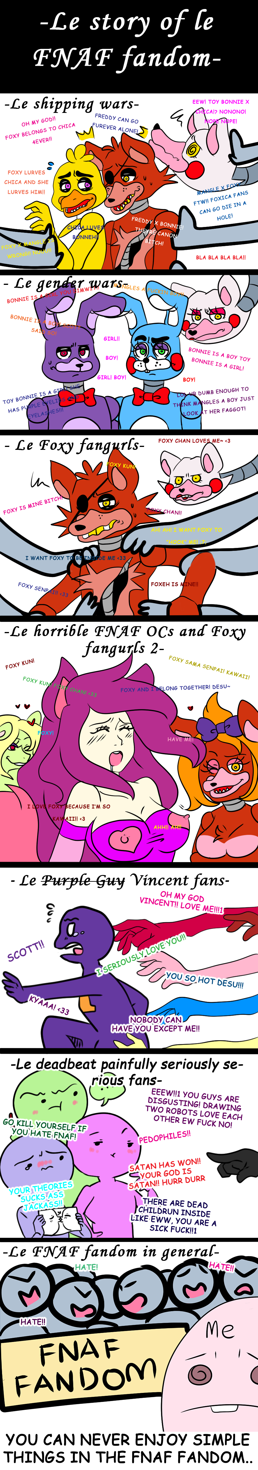 2015 absurd_res accessory ambiguous_gender angry animal_humanoid animatronic anon anthro avian bird black_body blonde_hair blue_body bodily_fluids bonnie_(fnaf) bow_tie breasts canid canine chasing chica_(fnaf) chicken clothing comic crying dialogue e-c98 embarrassed english_text exposed_endoskeleton eye_patch eyewear fan_character fandom female fight five_nights_at_freddy's five_nights_at_freddy's_2 forced fox foxy_(fnaf) galliform gallus_(genus) grabbing green_body green_eyes grey_body group hair hair_accessory hair_bow hair_ribbon hands_everywhere head_tuft hi_res human humanoid humor lagomorph long_image looking_pleasured machine male mammal mammal_humanoid mangle_(fnaf) moan multicolored_body nipple_outline nipples orange_hair phasianid pink_body profanity purple_body purple_guy_(fnaf) purple_hair pushing red_body red_cheeks red_eyes ribbons robot sad tagme tall_image tan_body tears text the_truth toy_bonnie_(fnaf) tuft video_games white_body white_eyes william_afton_(fnaf) yellow_eyes