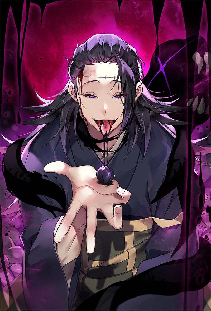 1boy aura ball black_hair black_kimono bleeding blood blood_on_face dripping eyebrows_visible_through_hair getou_suguru hand_up japanese_clothes jujutsu_kaisen kimono long_hair male_focus monster open_mouth pink_background purple_eyes sal scar_on_forehead solo teeth tongue tongue_out wide_sleeves