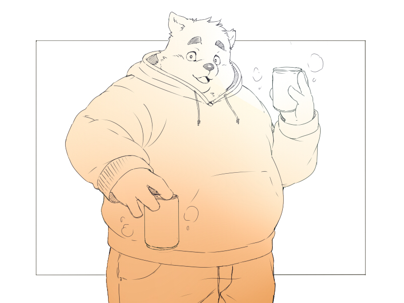 2020 4:3 anthro belly bottomwear canid canine canis clothing domestic_dog hoodie humanoid_hands inunoshippo kemono male mammal overweight overweight_anthro overweight_male pants simple_background solo topwear