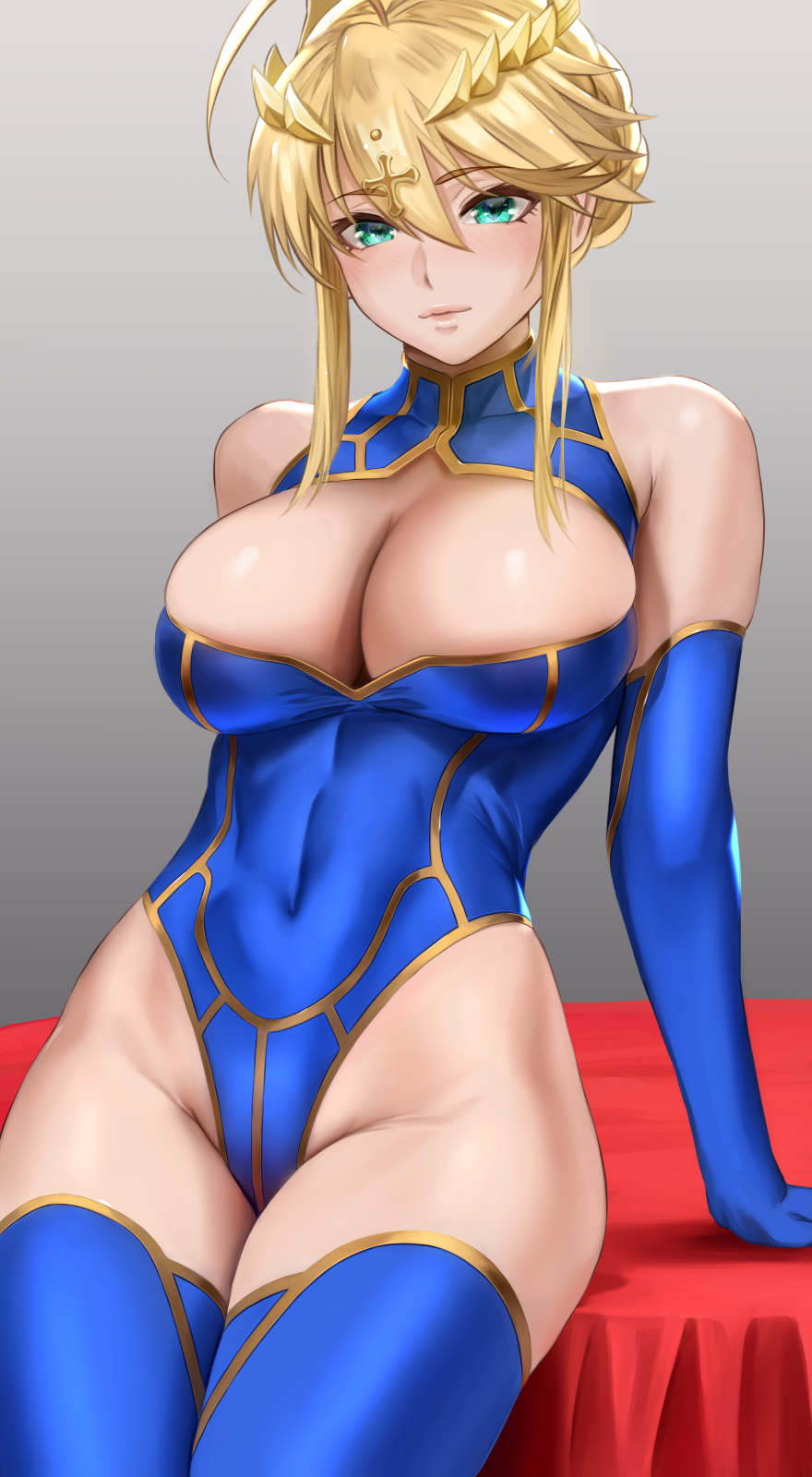 1girl artoria_pendragon_(all) artoria_pendragon_(lancer) bangs bare_shoulders blue_gloves blue_leotard blush braid breasts cleavage cleavage_cutout closed_mouth clothing_cutout covered_navel crown fate/grand_order fate_(series) french_braid gloves hair_between_eyes highleg highleg_leotard highres large_breasts leotard long_hair looking_at_viewer sidelocks smile thighs yamaneko_(tkdrumsco)