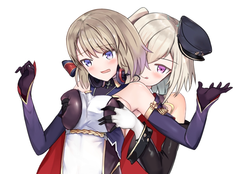 2girls azur_lane bare_shoulders black_gloves blush bodysuit bow breast_grab breasts cape detached_sleeves earphones eyebrows_visible_through_hair gloves grabbing grabbing_from_behind hair_between_eyes hair_bow hat headphones headphones_around_neck light_brown_hair medium_breasts medium_hair multiple_girls peaked_cap pink_eyes purple_eyes red_cape sideboob simple_background skin_tight tongue tongue_out two-tone_gloves white_background white_gloves yuri z1_leberecht_maass_(azur_lane) z23_(azur_lane) zdj