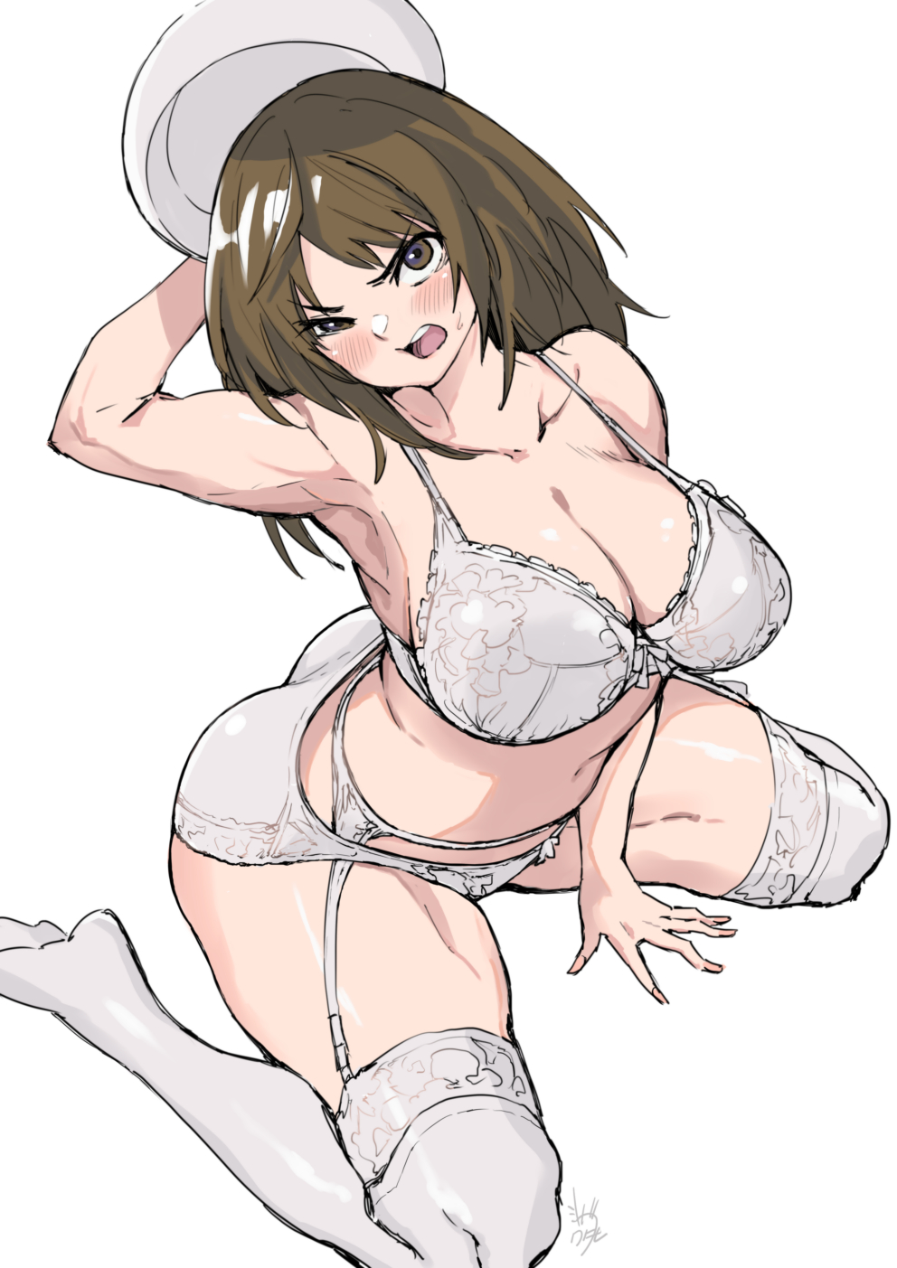 armpits biceps blush bow bow_bra bra breasts brown_hair cleavage frilled_bra frills garter_belt garter_straps girls_und_panzer hat highres large_breasts long_hair midriff mitogawawataru murakami_(girls_und_panzer) navel signature thighhighs toned underwear white_bra white_headwear white_legwear