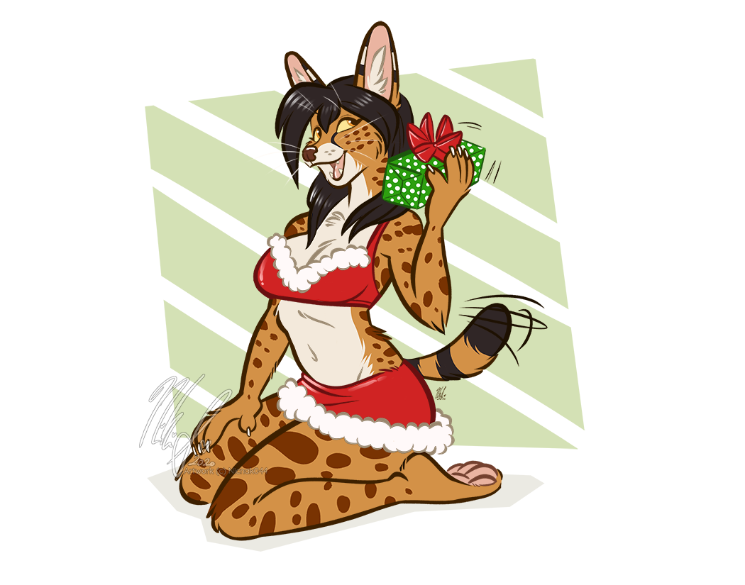 anthro breasts christmas christmas_clothing clothing covered_breasts felid feline felis female gift holidays lingerie mammal nicnak044 pinup pinup_pose pose serval solo